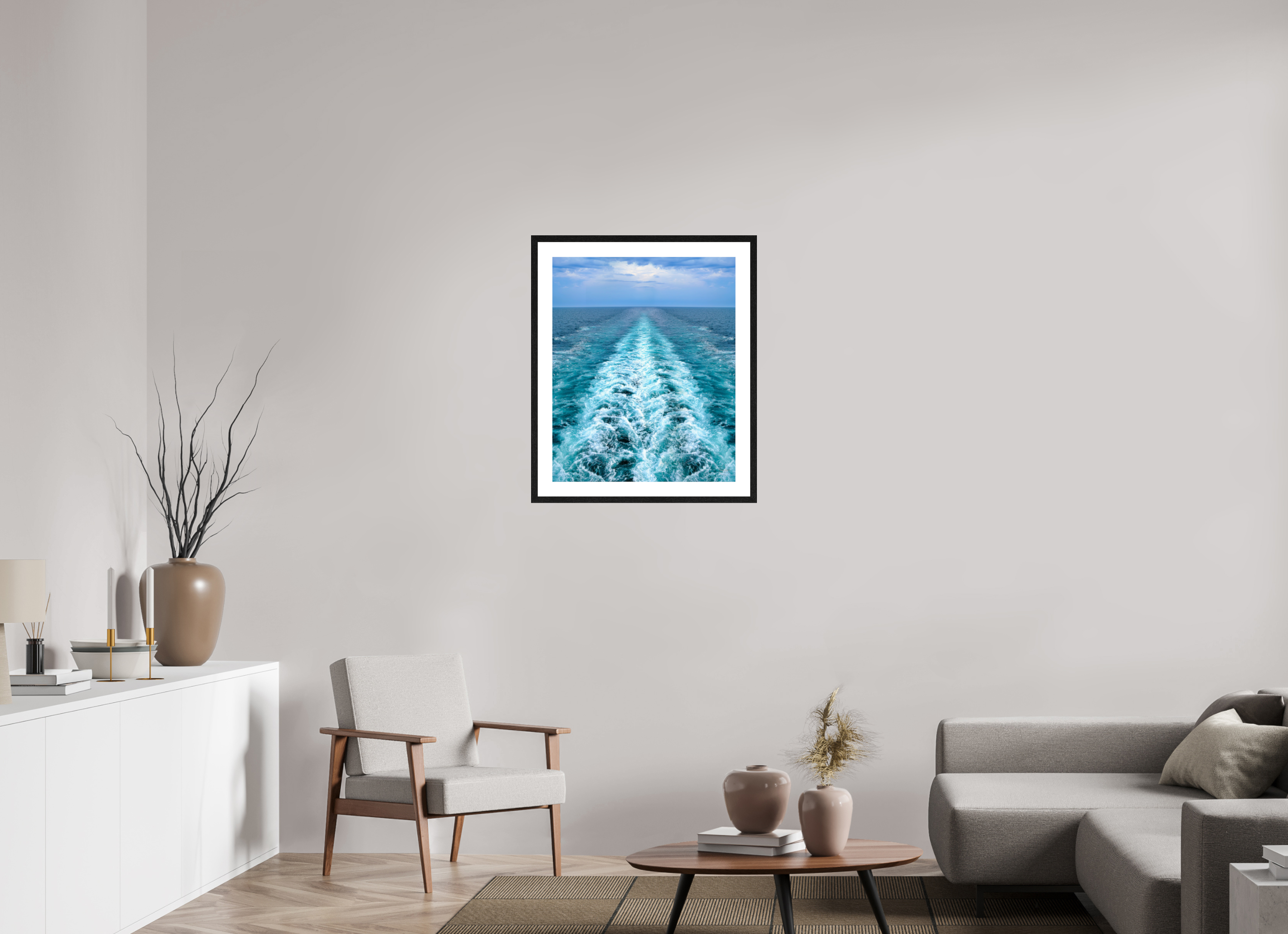 60 x 73,5 cm, Tirage couleur brillant + Cadre noir avec passe-partout Ligne d'Écume | Poster Océan Contemporain & Horizon Infini