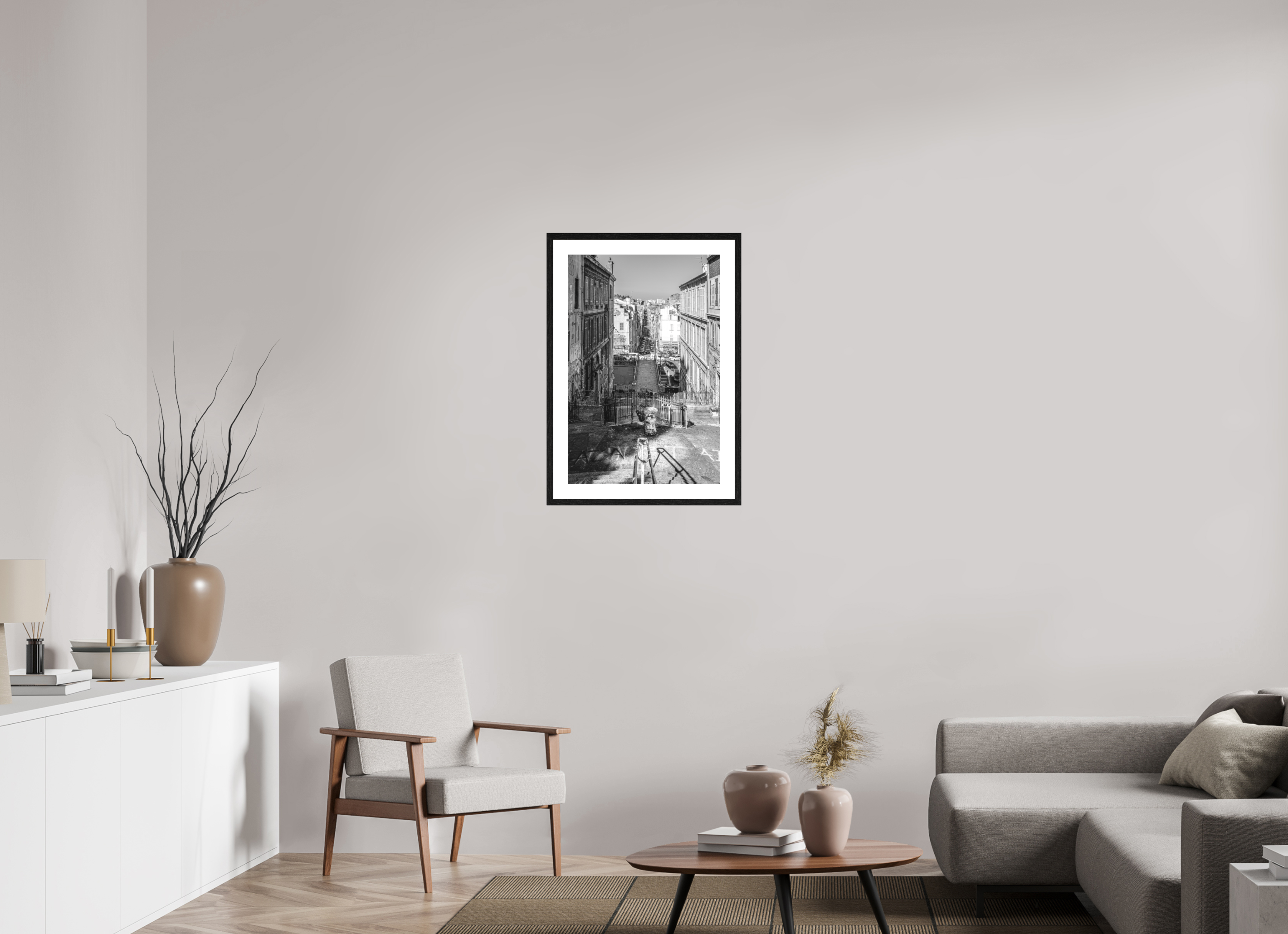 50 x 75 cm, Tirage N&B mat + Cadre noir avec passe-partout Affiche urbaine – Perspective Marseillaise