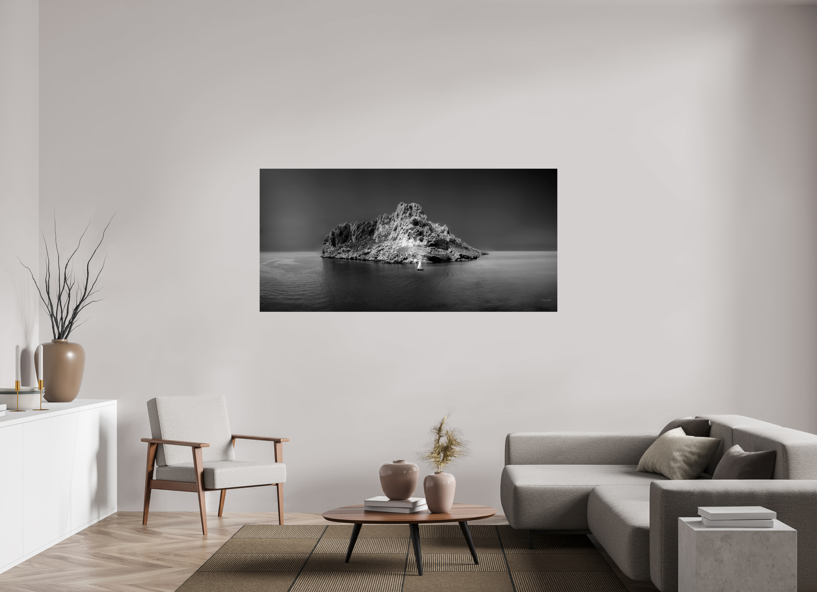186,8 x 90 cm, Tirage N&B sous Plexi Impression grand format – L'île refuge ou prison