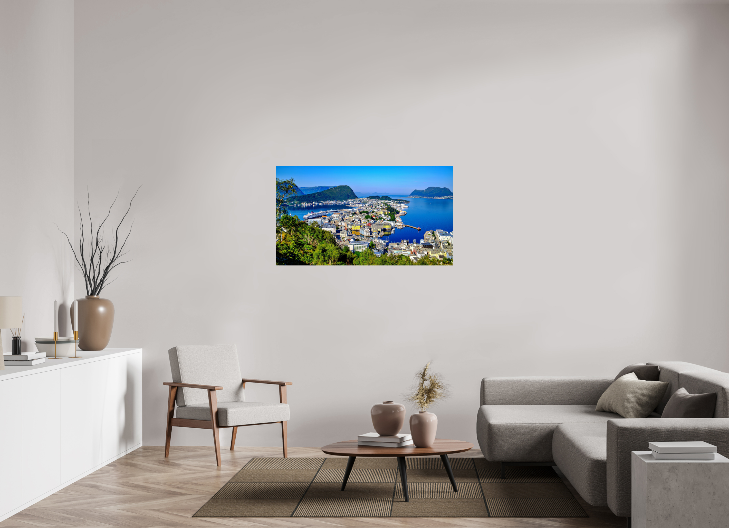 128 x 72 cm, Tirage couleur brillant seul Entre Fjords et Lumière | Poster Panoramique Paysage Nordique