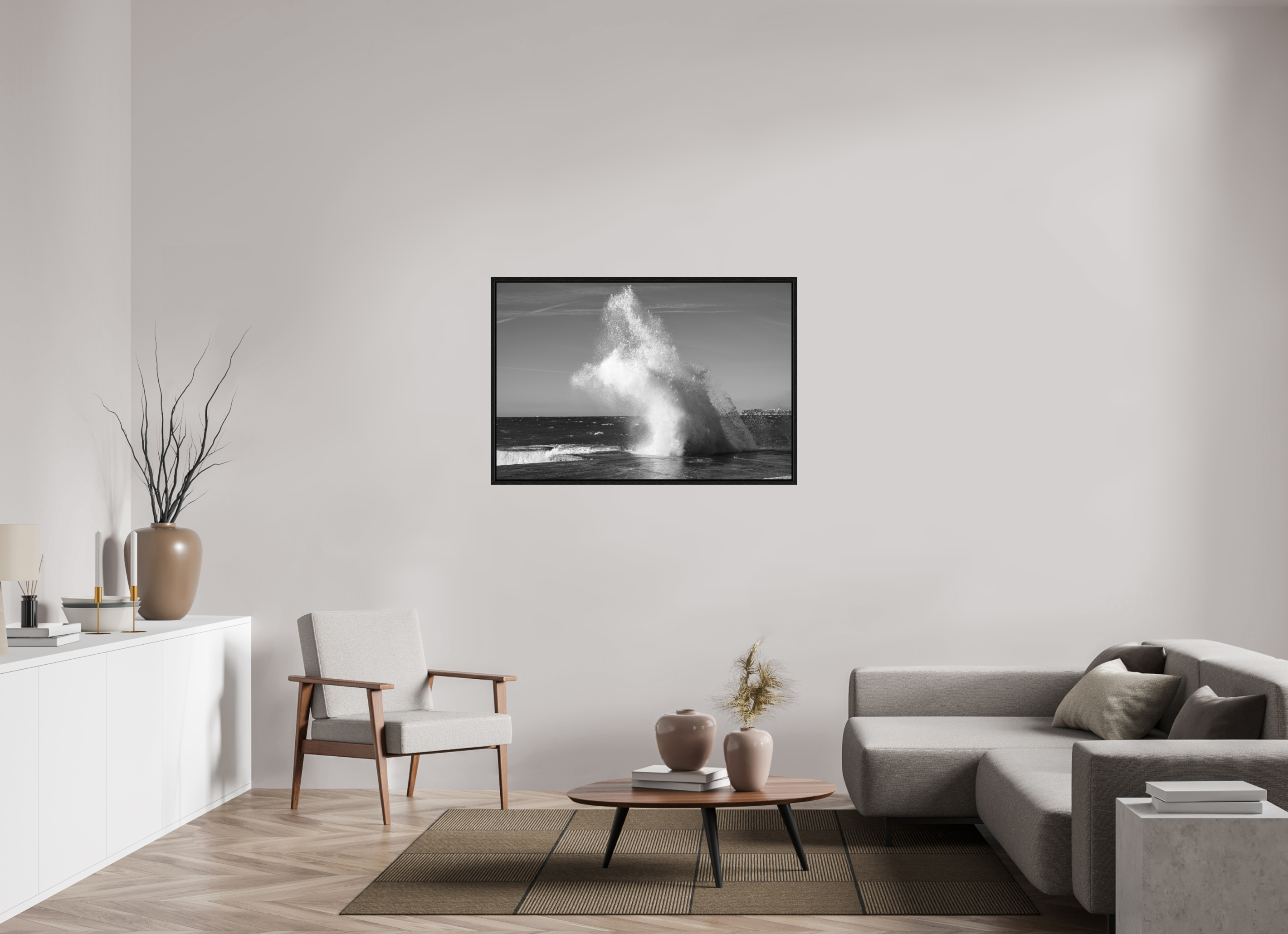 120 x 80 cm, Tirage N&B dans Caisse américaine noire Poster noir et blanc – Éclat de vague