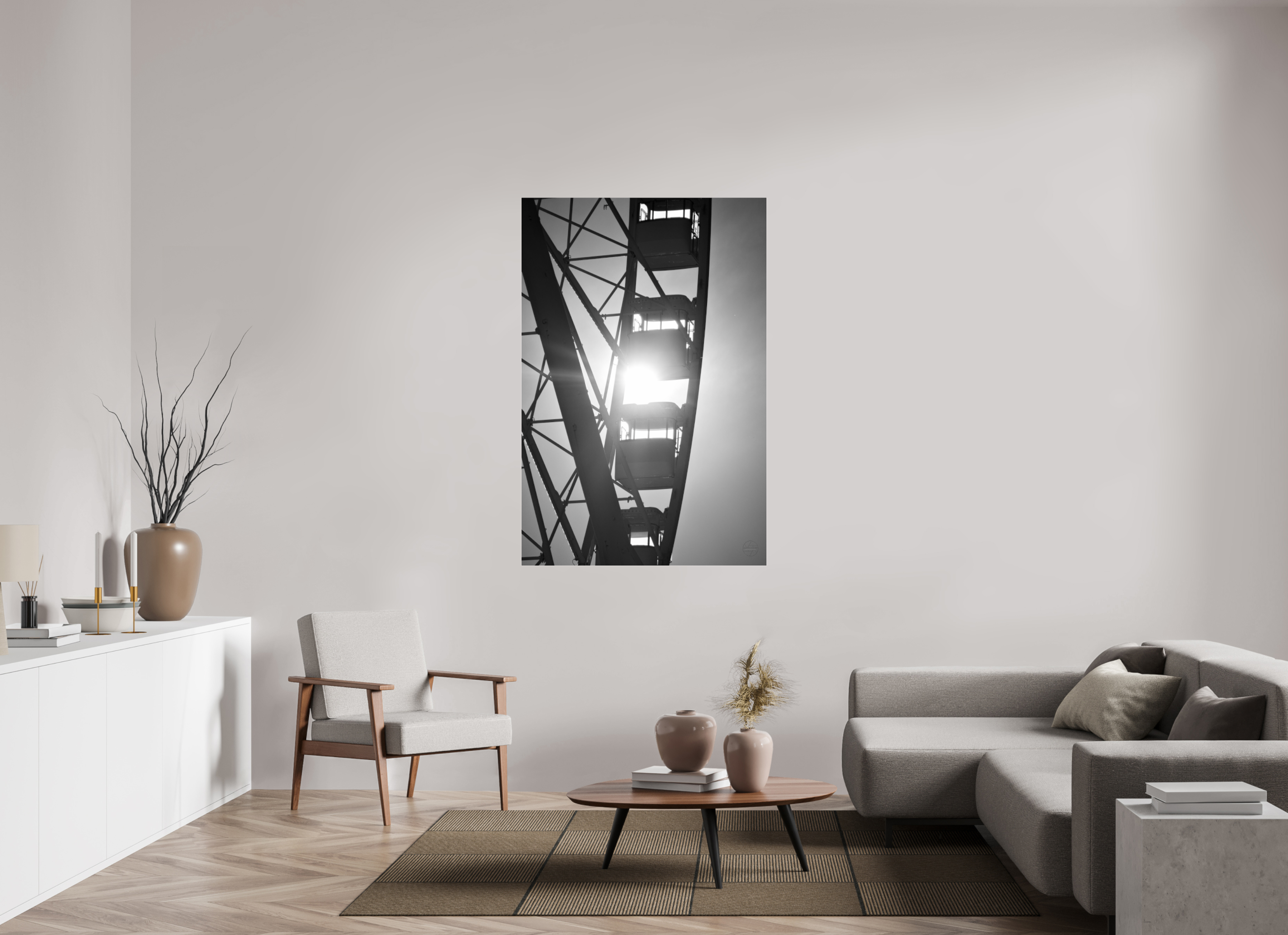 100 x 150 cm, Tirage N&B sous Plexi Affiche noir et blanc – Roue suspendue dans la lumière