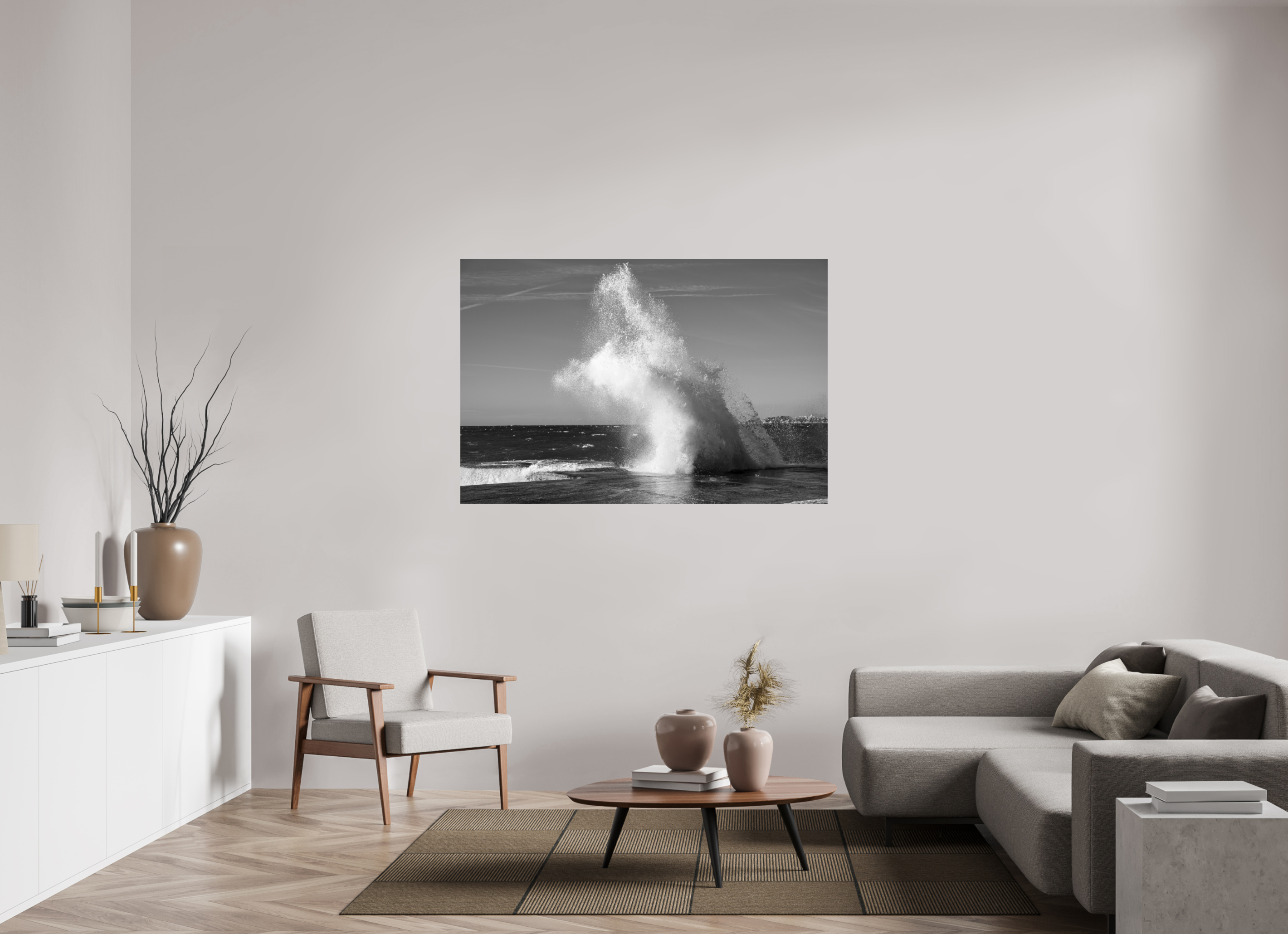 150 x 100 cm, Tirage N&B sous Plexi Poster noir et blanc – Éclat de vague
