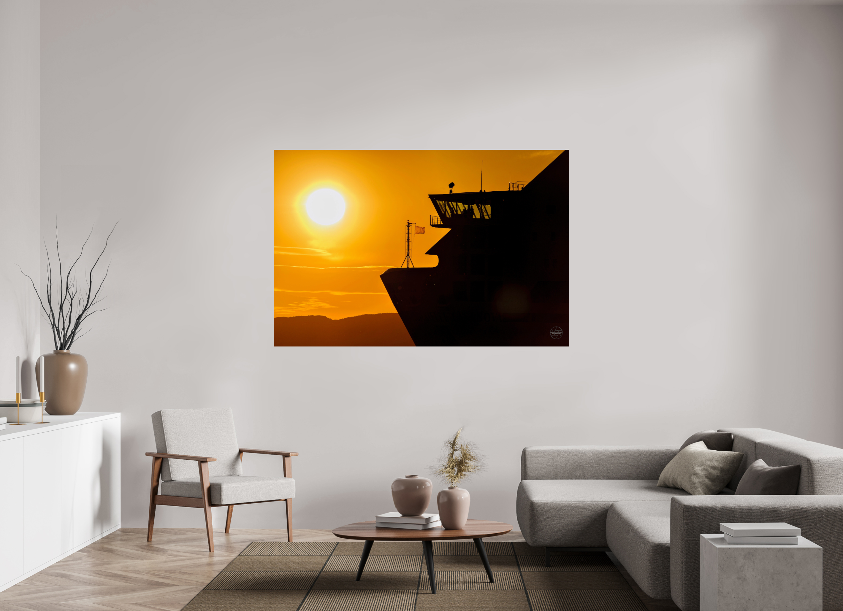 180 x 120 cm, Tirage couleur brillant seul Poster silhouette de ferry au coucher du soleil – Lumière dorée sur la mer