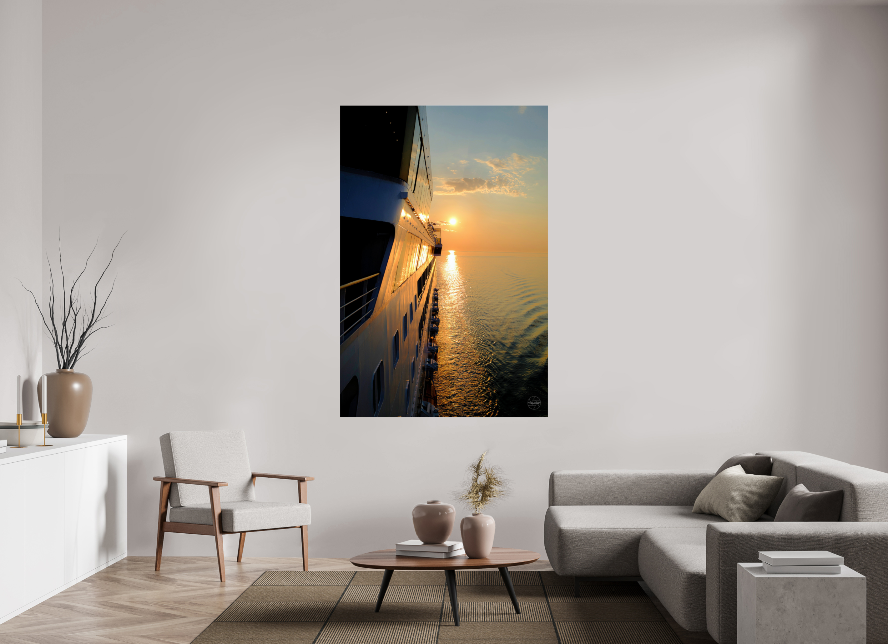 120 x 180 cm, Tirage couleur sous Plexi Poster coucher de soleil en mer – Reflets dorés sur la coque d’un navire