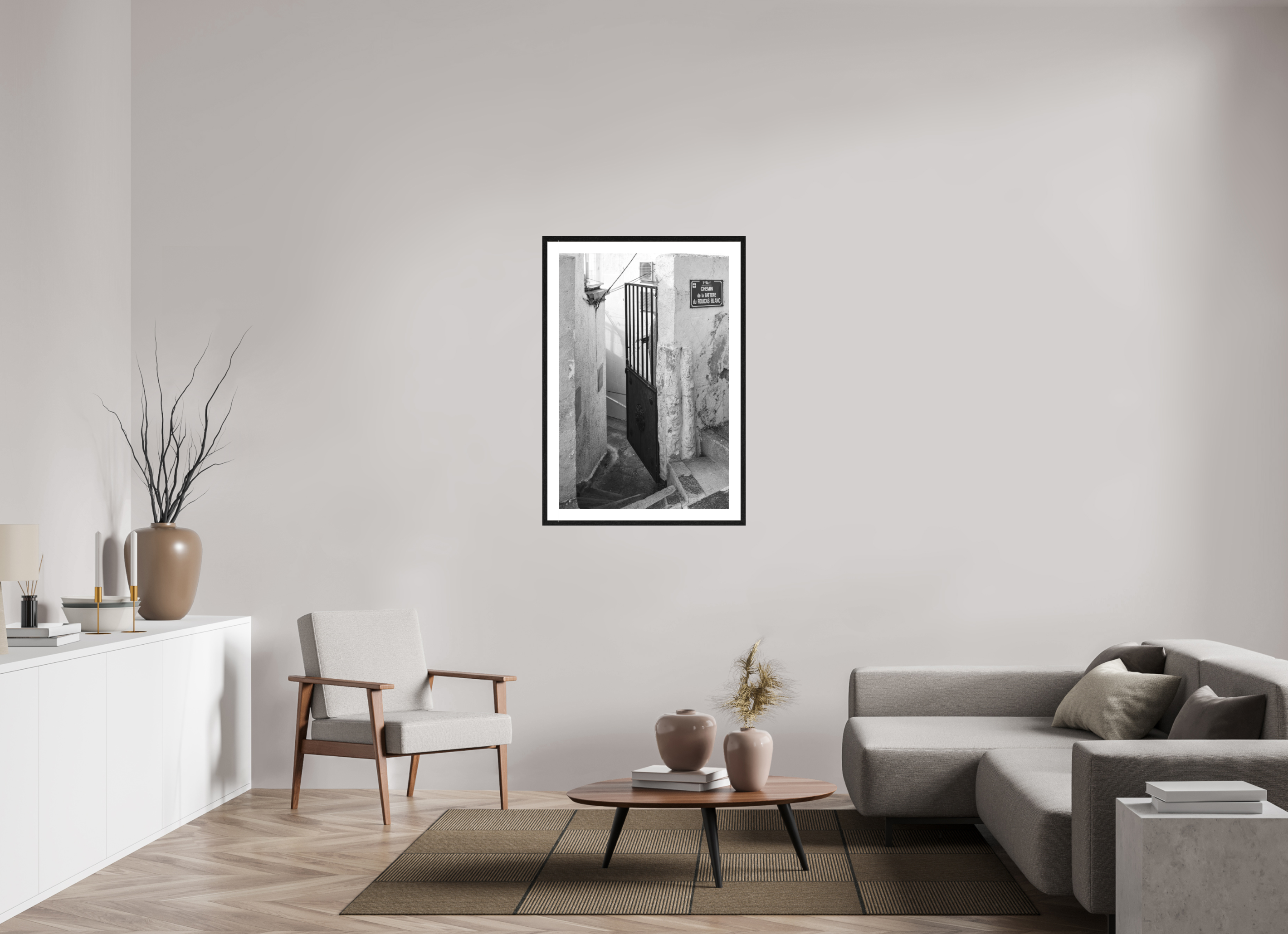 70 x 105 cm, Tirage N&B mat + Cadre noir avec passe-partout Perspective urbaine - Passage Secret