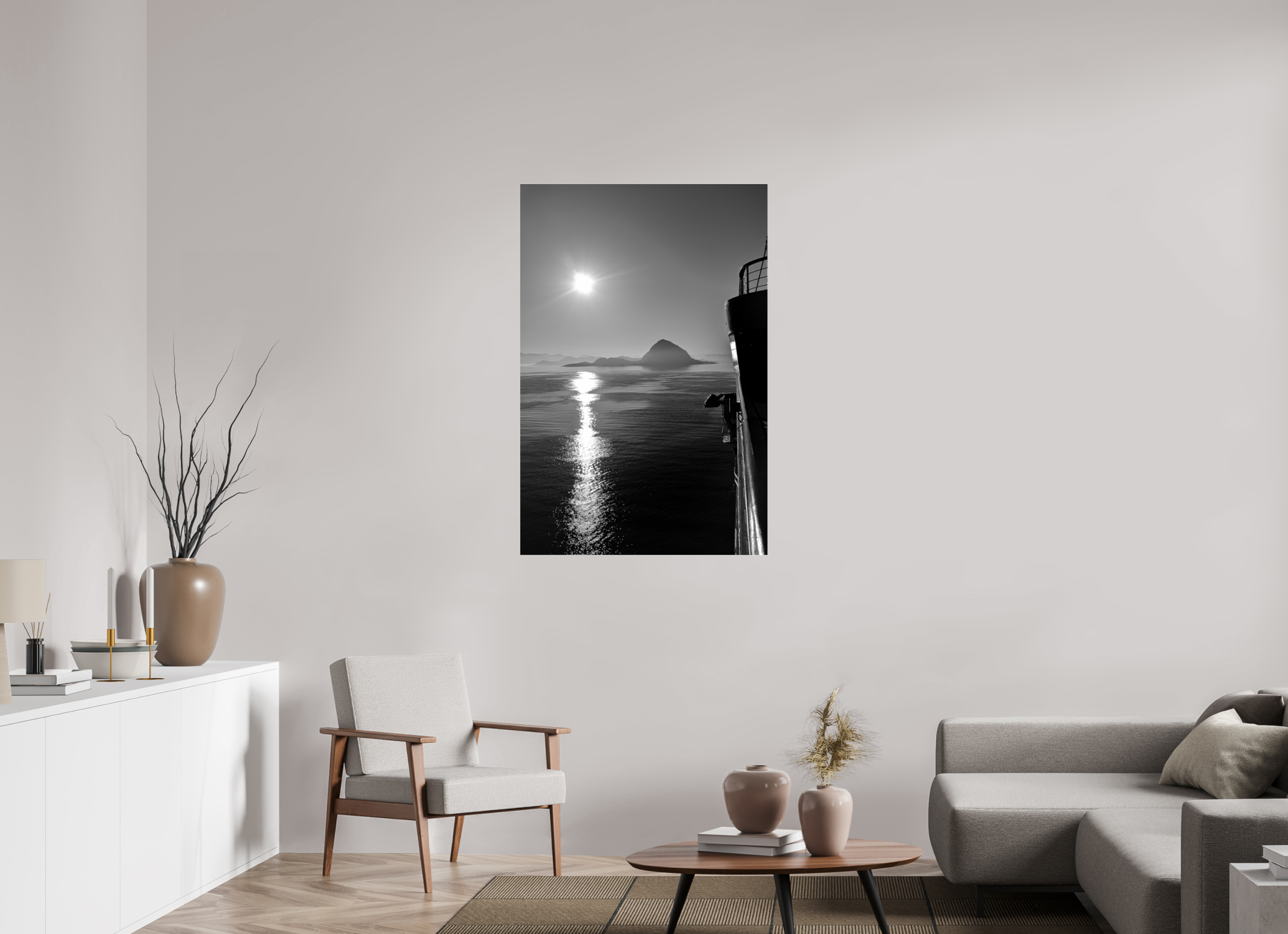 80 x 120 cm, Tirage N&B sous Plexi Soleil Noir | Poster Noir et Blanc Océan & Horizon Minimaliste