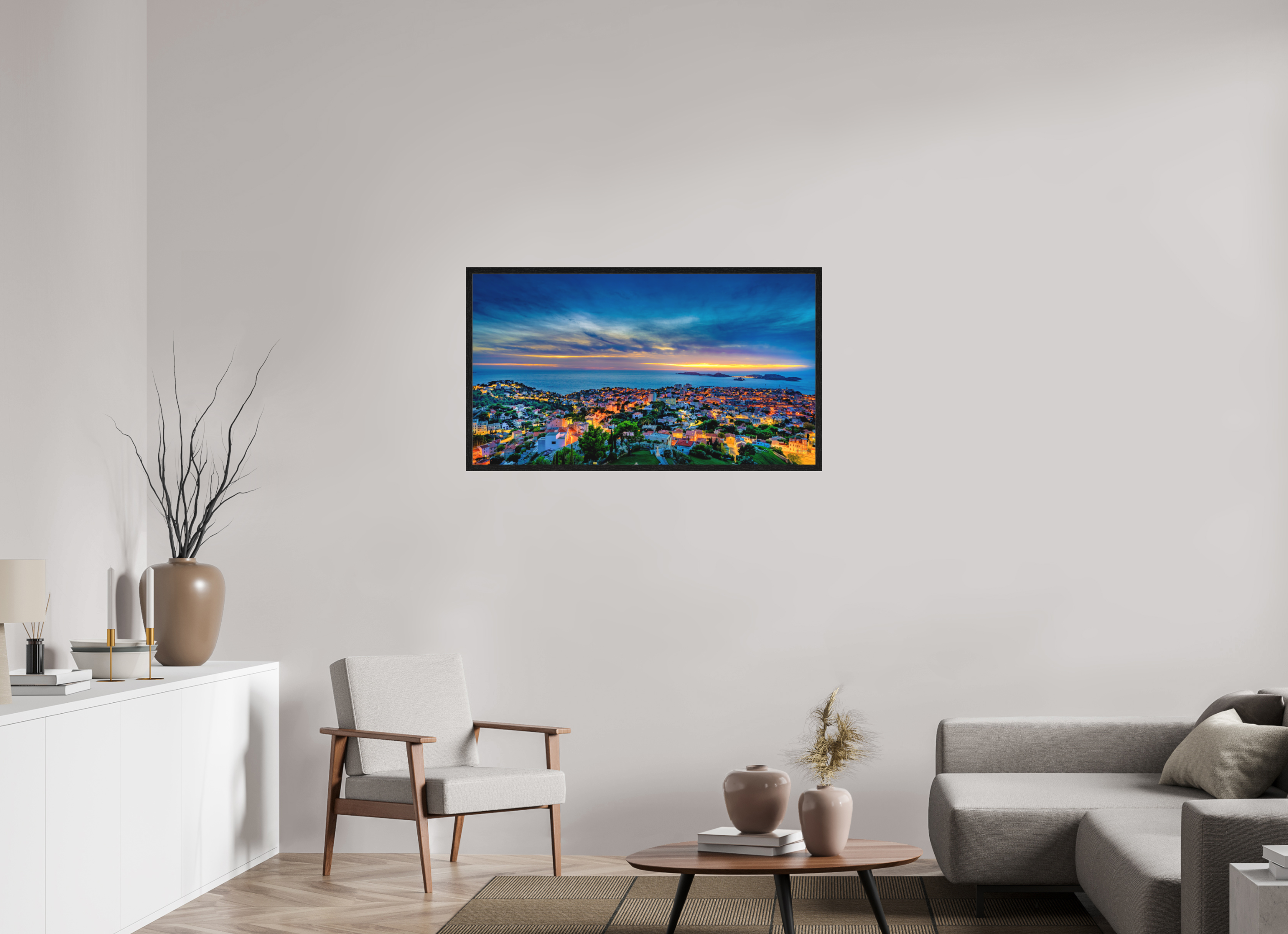 112 x 63 cm, Tirage grand format encadré Marseille au Crépuscule