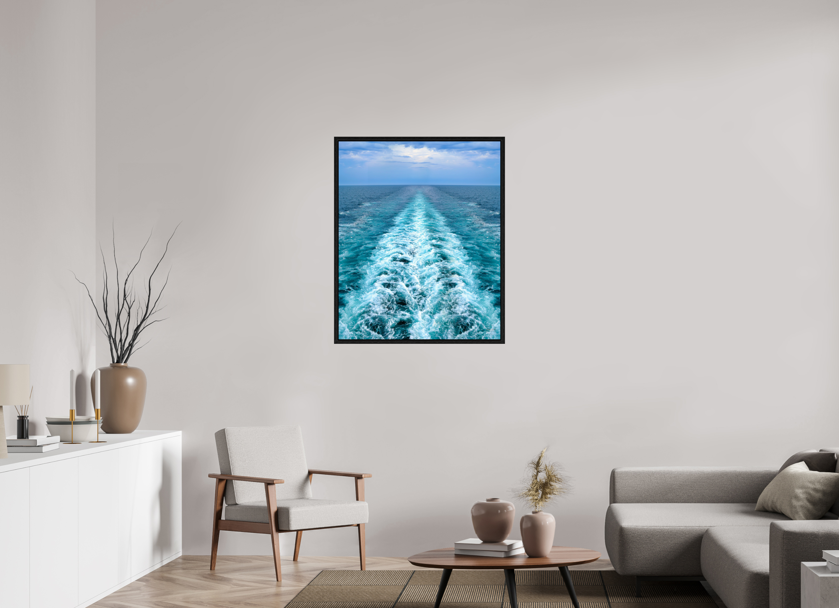 80 x 98 cm, Tirage couleur dans Caisse américaine noire Ligne d'Écume | Poster Océan Contemporain & Horizon Infini