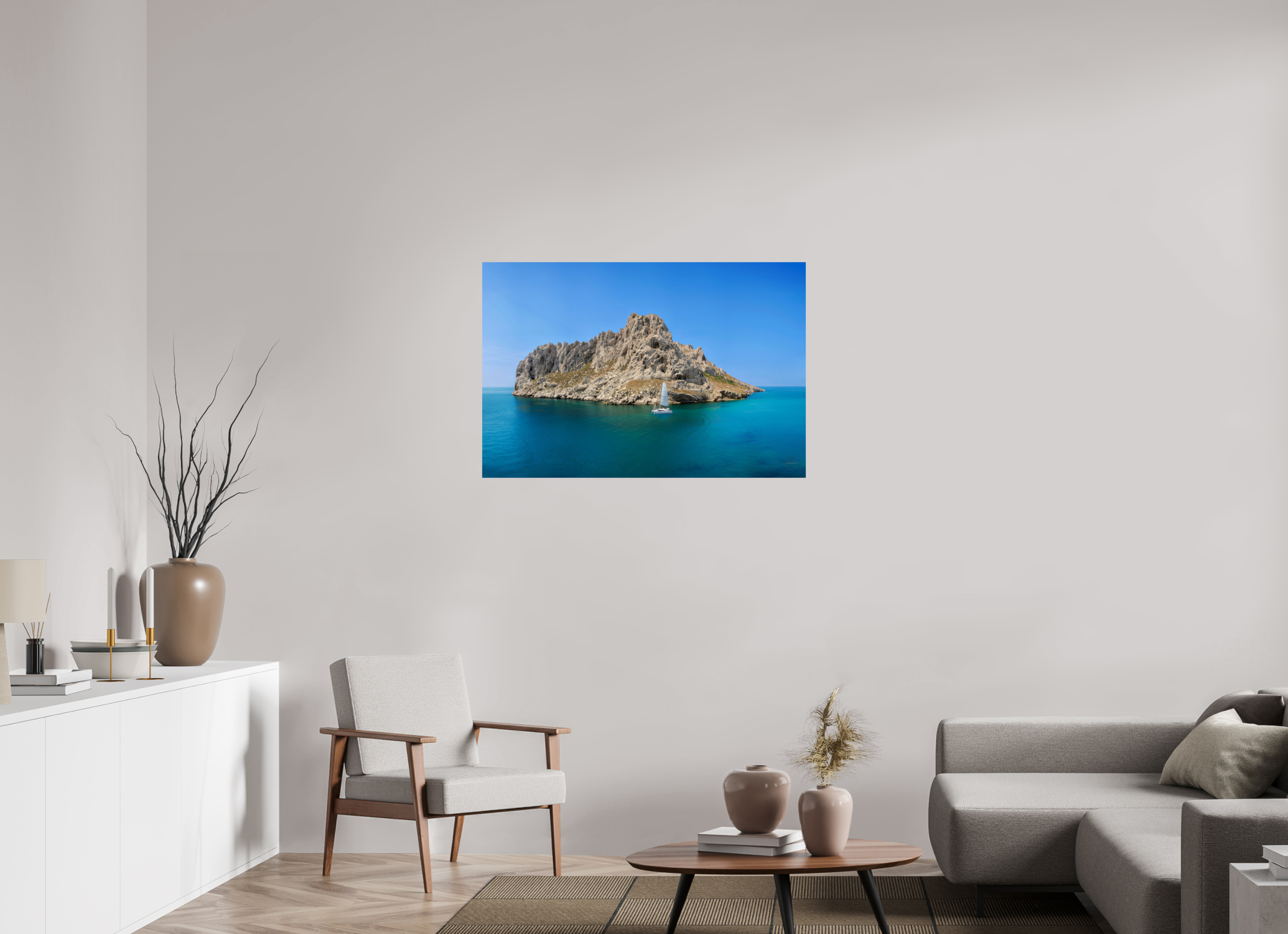 105 x 70 cm, Tirage couleur brillant seul Poster - Voilier au pied de l'îles Maïre à Marseille