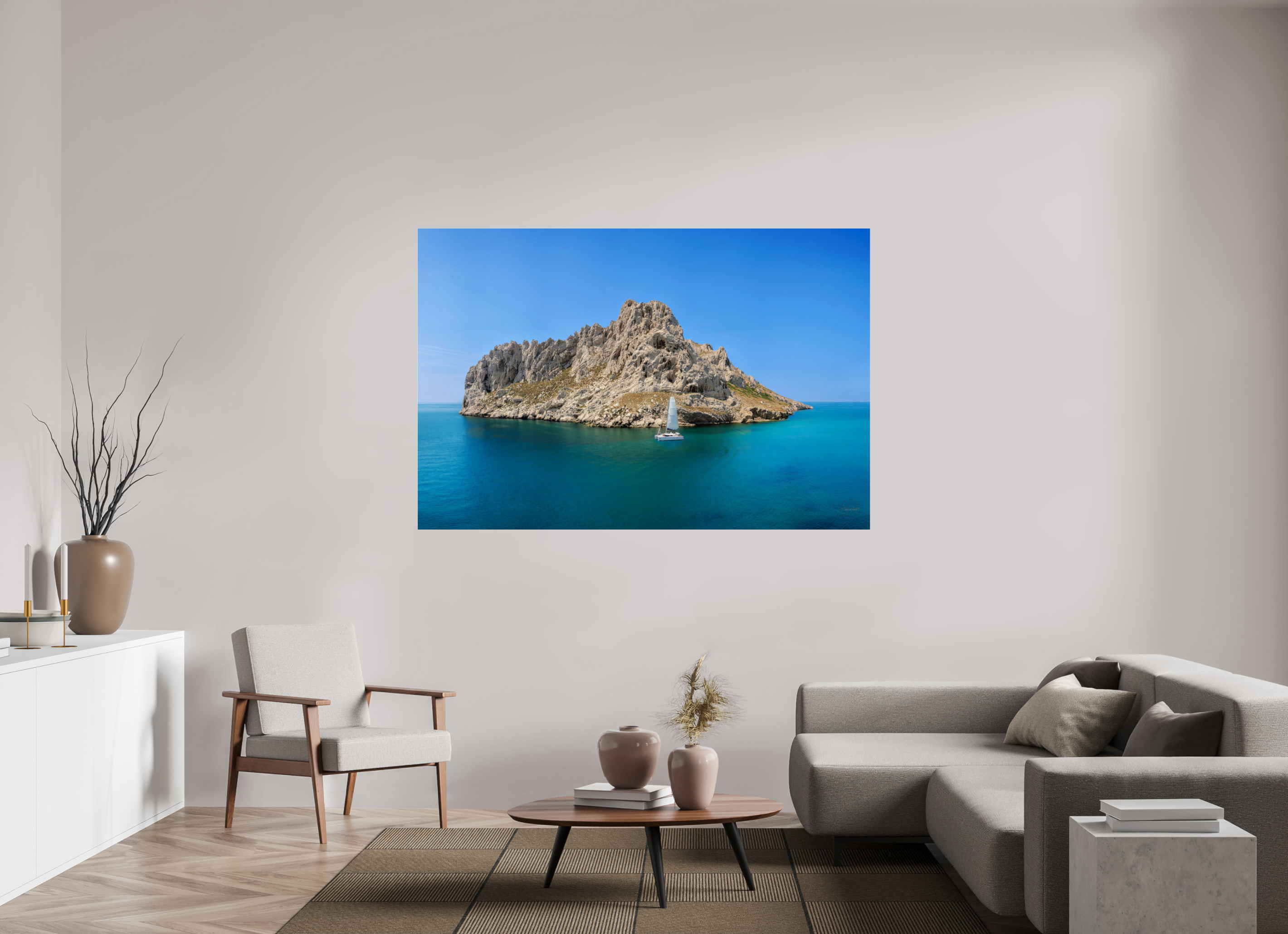 180 x 120 cm, Tirage couleur sous Plexi Poster - Voilier au pied de l'îles Maïre à Marseille
