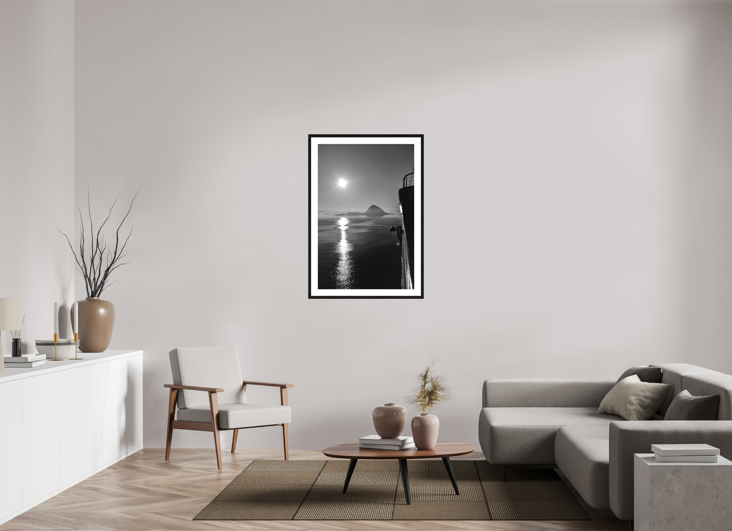 70 x 105 cm, Tirage N&B mat + Cadre noir avec passe-partout Soleil Noir | Poster Noir et Blanc Océan & Horizon Minimaliste