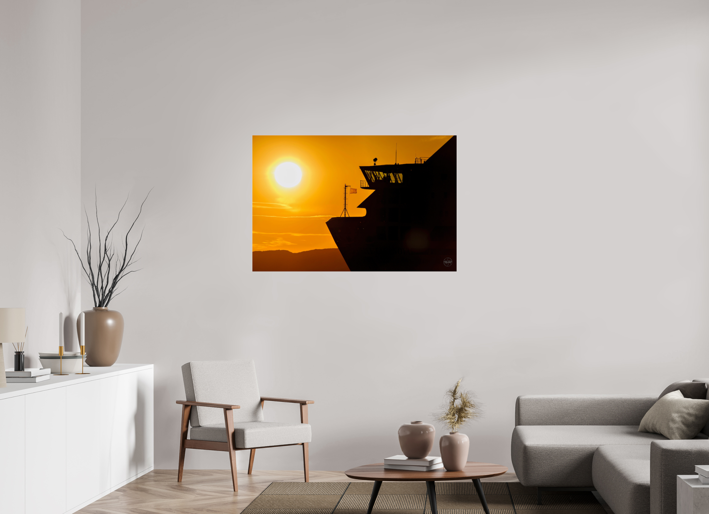 120 x 80 cm, Tirage couleur sous Plexi Poster silhouette de ferry au coucher du soleil – Lumière dorée sur la mer