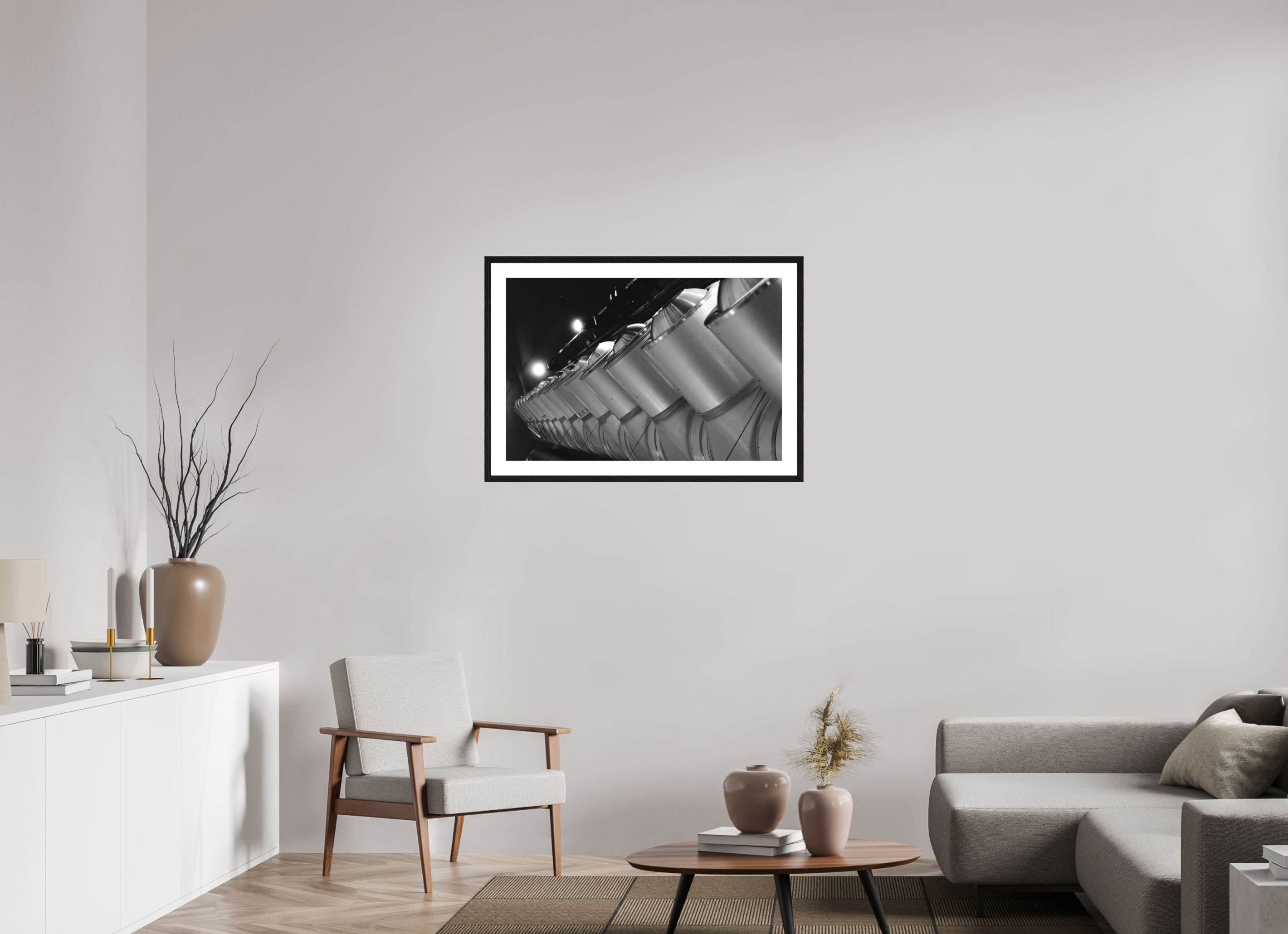 90 x 60 cm, Tirage N&B mat + Cadre noir avec passe-partout Perspective Métallique