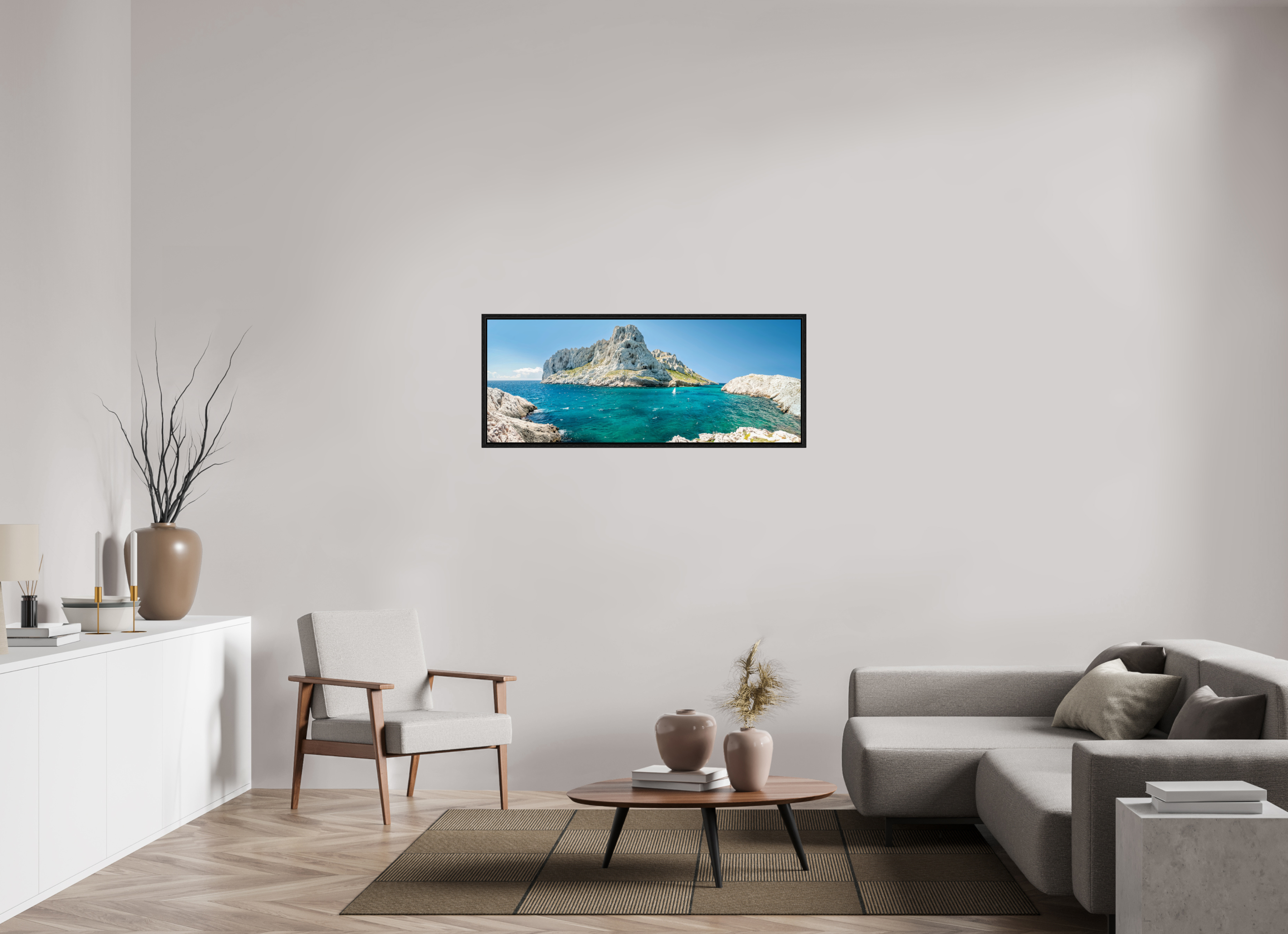 127,6 x 50 cm, Tirage couleur dans Caisse américaine noire Émeraude des Calanques