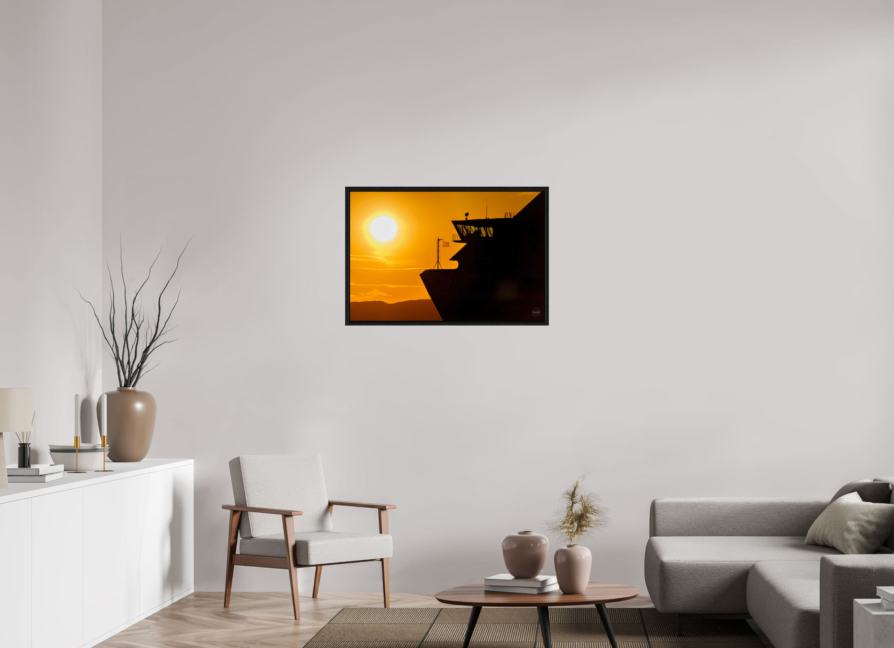 90 x 60 cm, Tirage couleur dans Caisse américaine noire Poster silhouette de ferry au coucher du soleil – Lumière dorée sur la mer