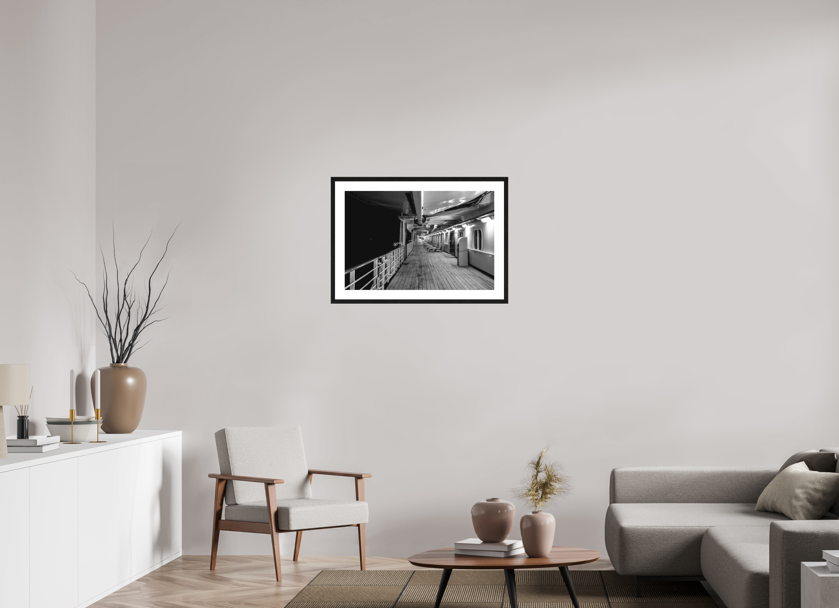 75 x 50 cm, Tirage N&B mat + Cadre noir avec passe-partout Pont 6 | Poster Noir et Blanc Voyage & Architecture Maritime