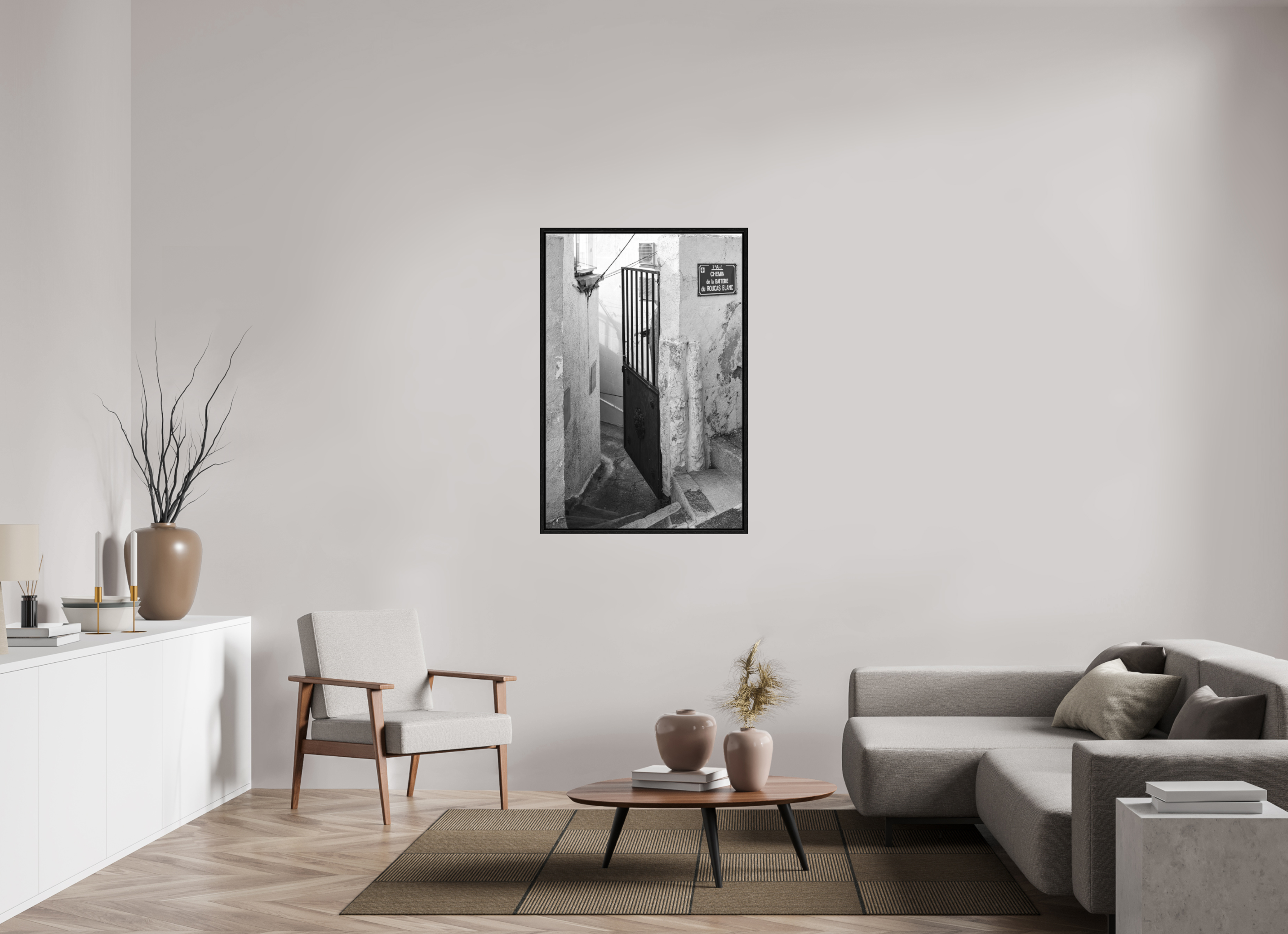 80 x 120 cm, Tirage N&B dans Caisse américaine noire Perspective urbaine - Passage Secret