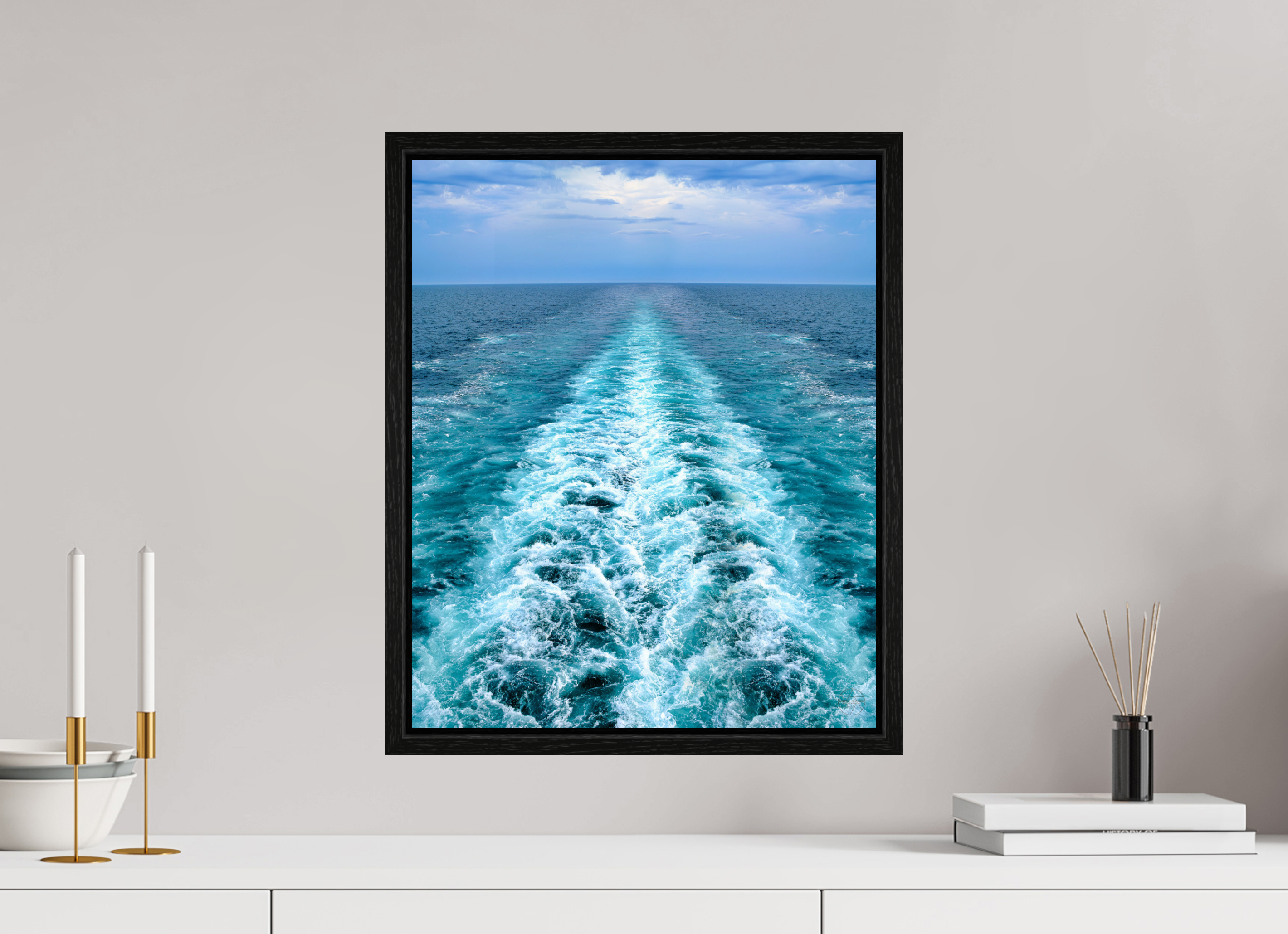 40 x 49 cm, Tirage couleur dans Caisse américaine noire Ligne d'Écume | Poster Océan Contemporain & Horizon Infini