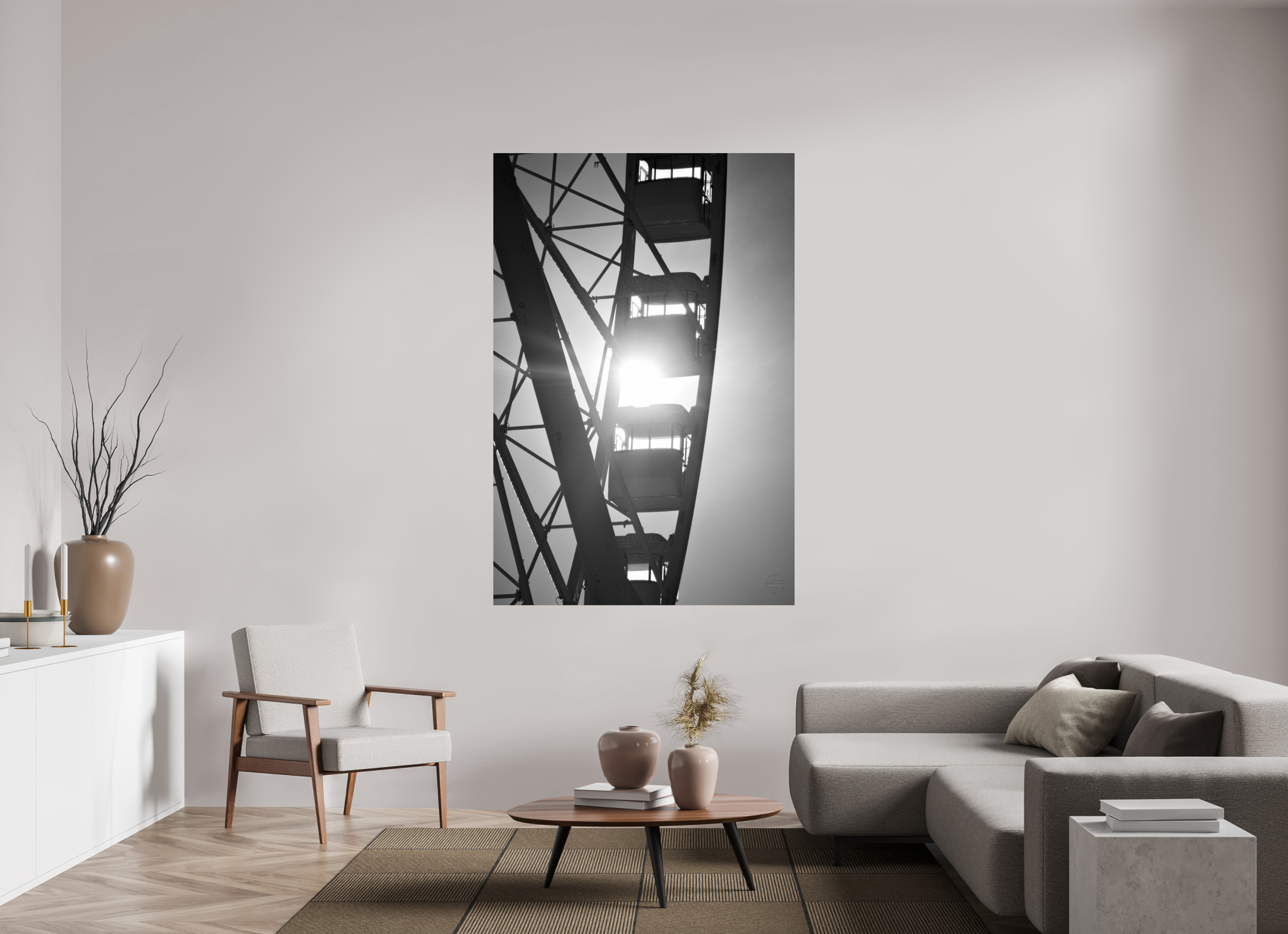 120 x 180 cm, Tirage N&B sous Plexi Affiche noir et blanc – Roue suspendue dans la lumière
