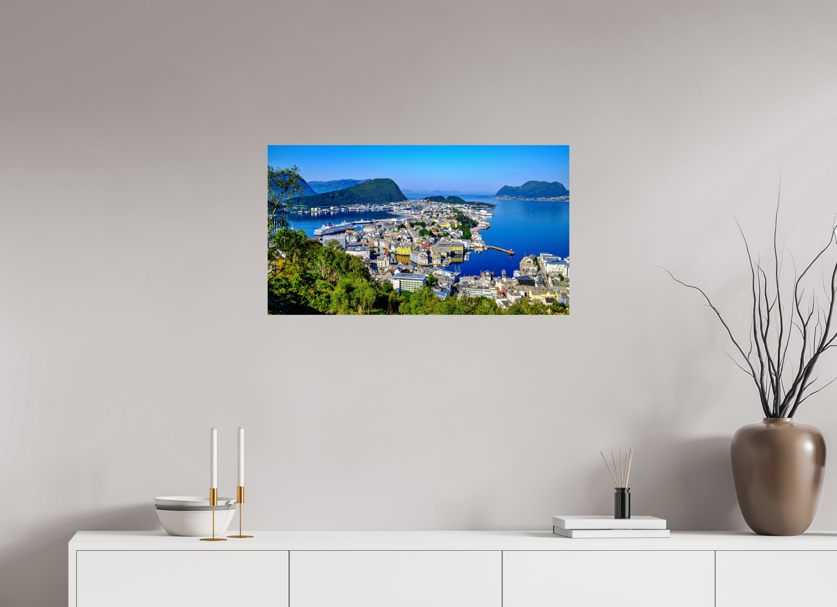 80 x 45 cm, Tirage couleur brillant seul Entre Fjords et Lumière | Poster Panoramique Paysage Nordique