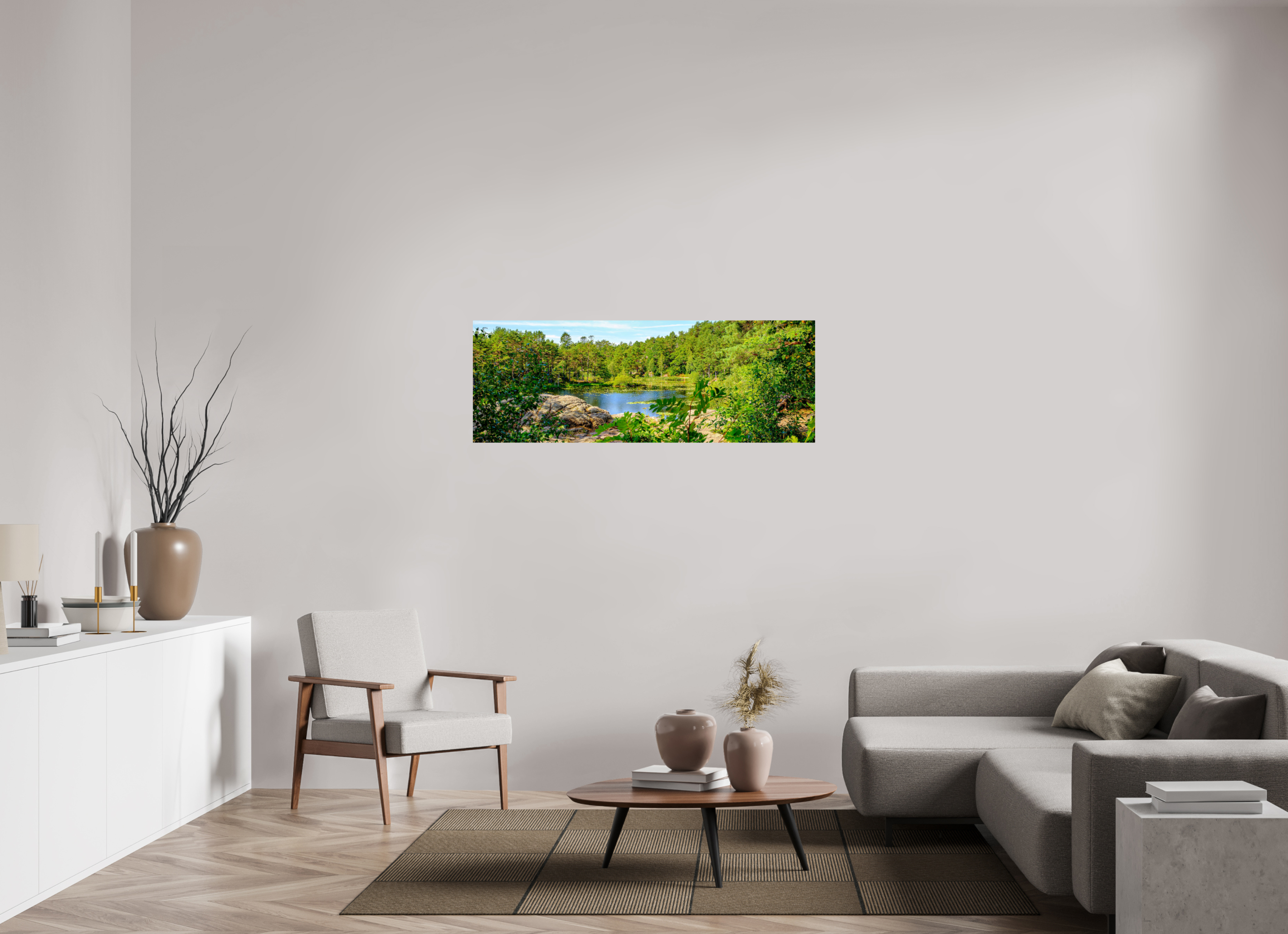 140 x 50 cm, Tirage couleur brillant seul Refuge Émeraude | Poster Panoramique Nature & Forêt