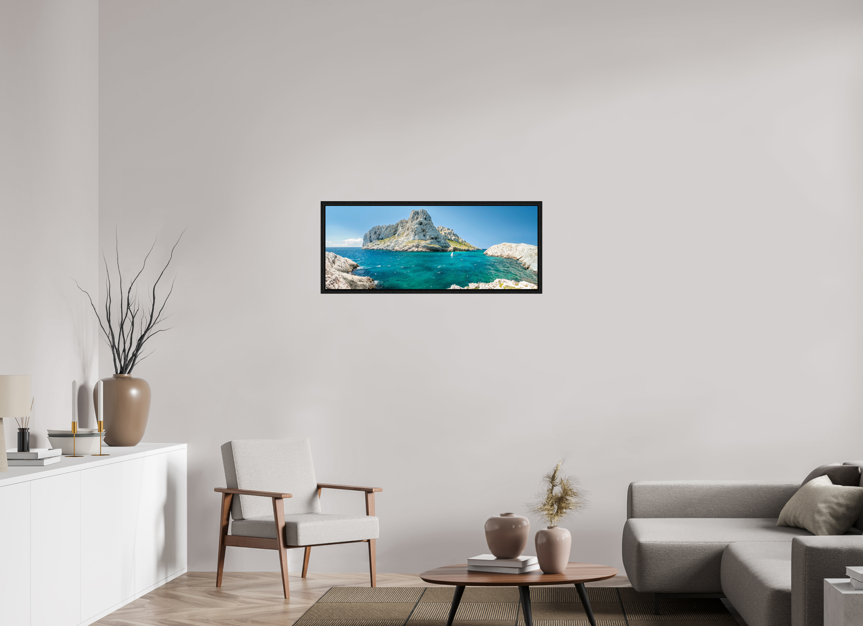 102 x 40 cm, Tirage couleur dans Caisse américaine noire Émeraude des Calanques