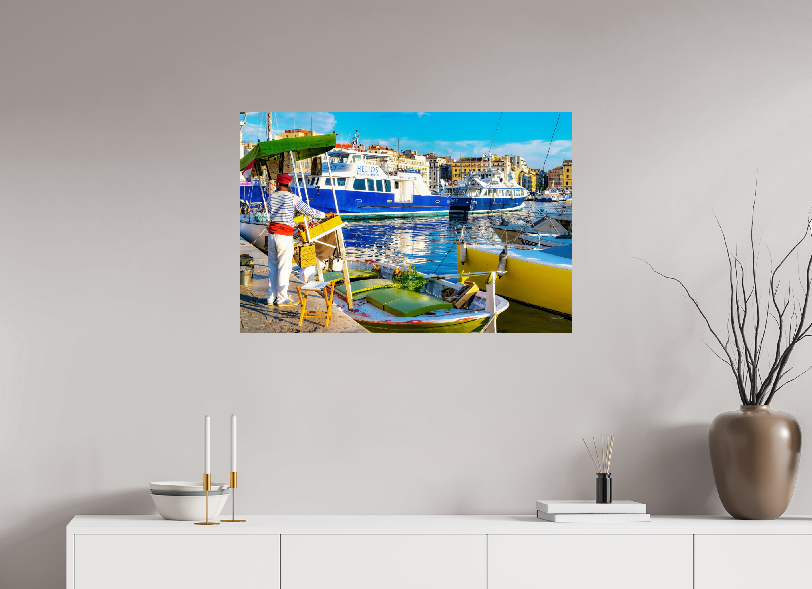 90 x 60 cm, Tirage couleur sous Plexi Le Marchand du Vieux-Port