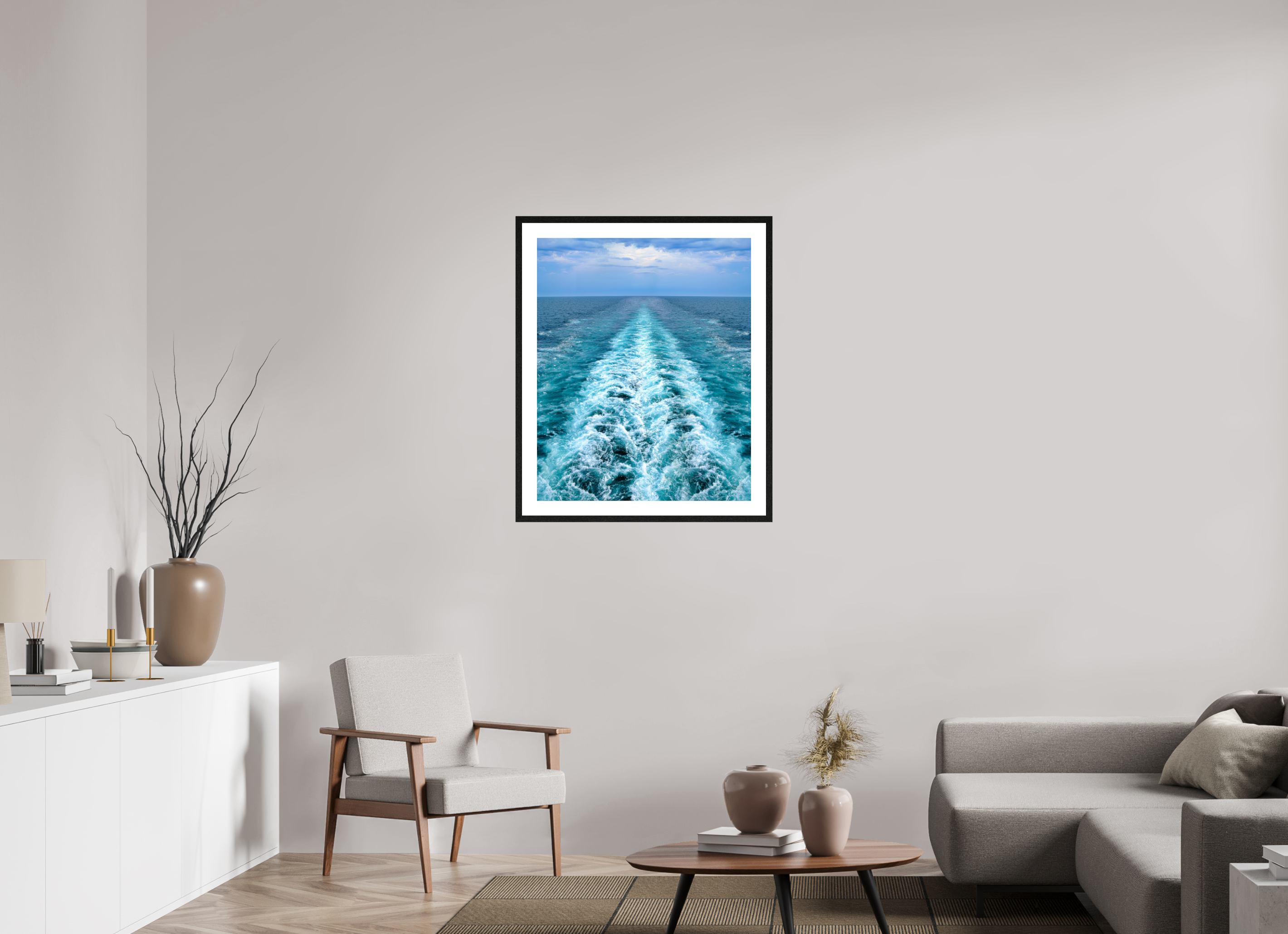 70 x 85,8 cm, Tirage couleur brillant + Cadre noir avec passe-partout Ligne d'Écume | Poster Océan Contemporain & Horizon Infini