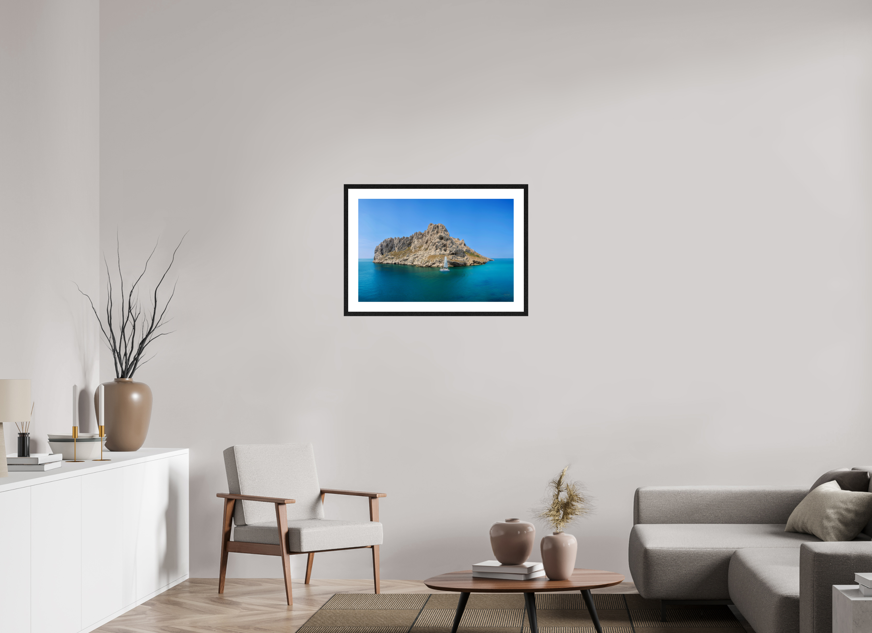 75 x 50 cm, Tirage couleur brillant + Cadre noir avec passe-partout Poster - Voilier au pied de l'îles Maïre à Marseille