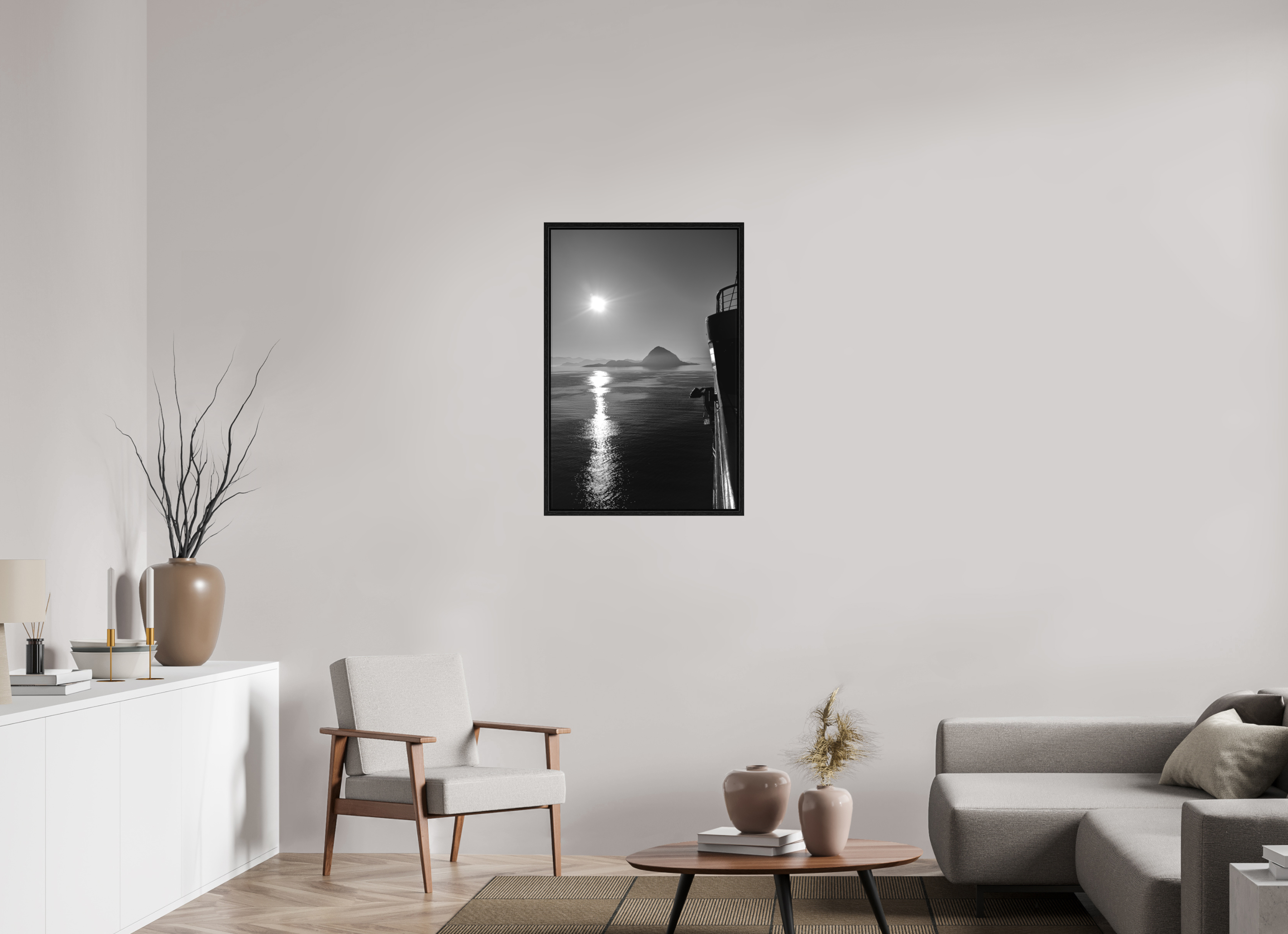 60 x 90 cm, Tirage N&B dans Caisse américaine noire Soleil Noir | Poster Noir et Blanc Océan & Horizon Minimaliste
