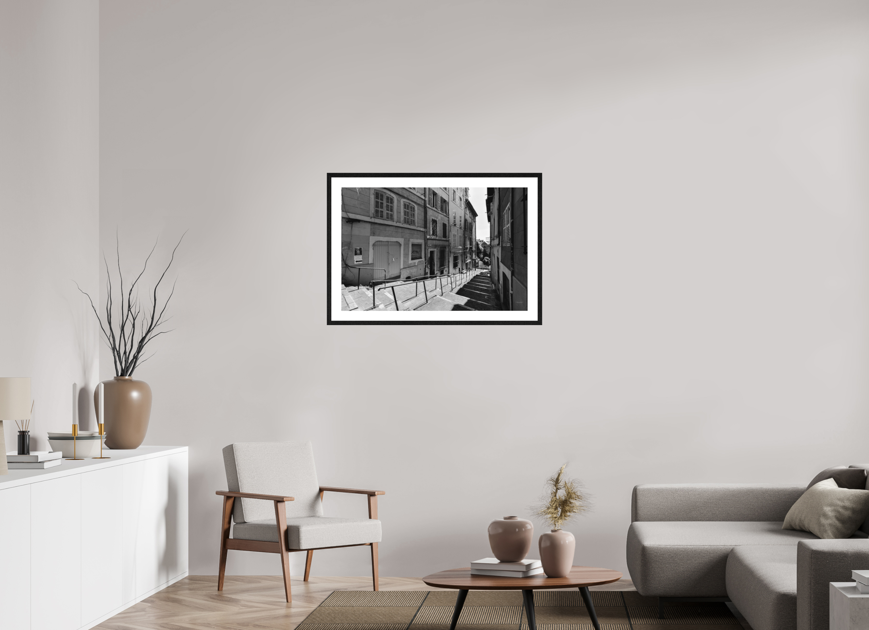 90 x 60 cm, Tirage N&B mat + Cadre noir avec passe-partout Poster urbain – Escaliers du silence