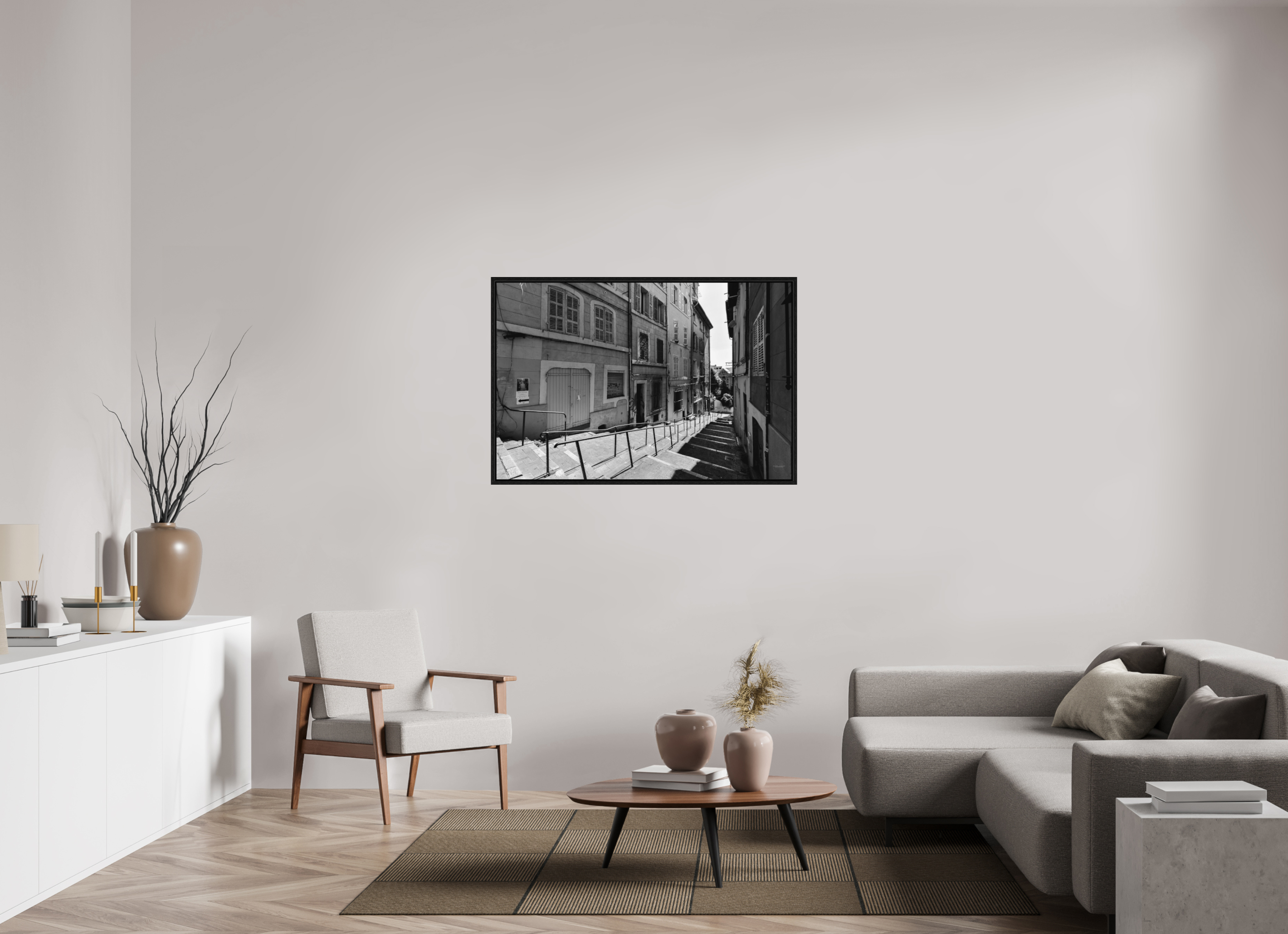 120 x 80 cm, Tirage N&B dans Caisse américaine noire Poster urbain – Escaliers du silence