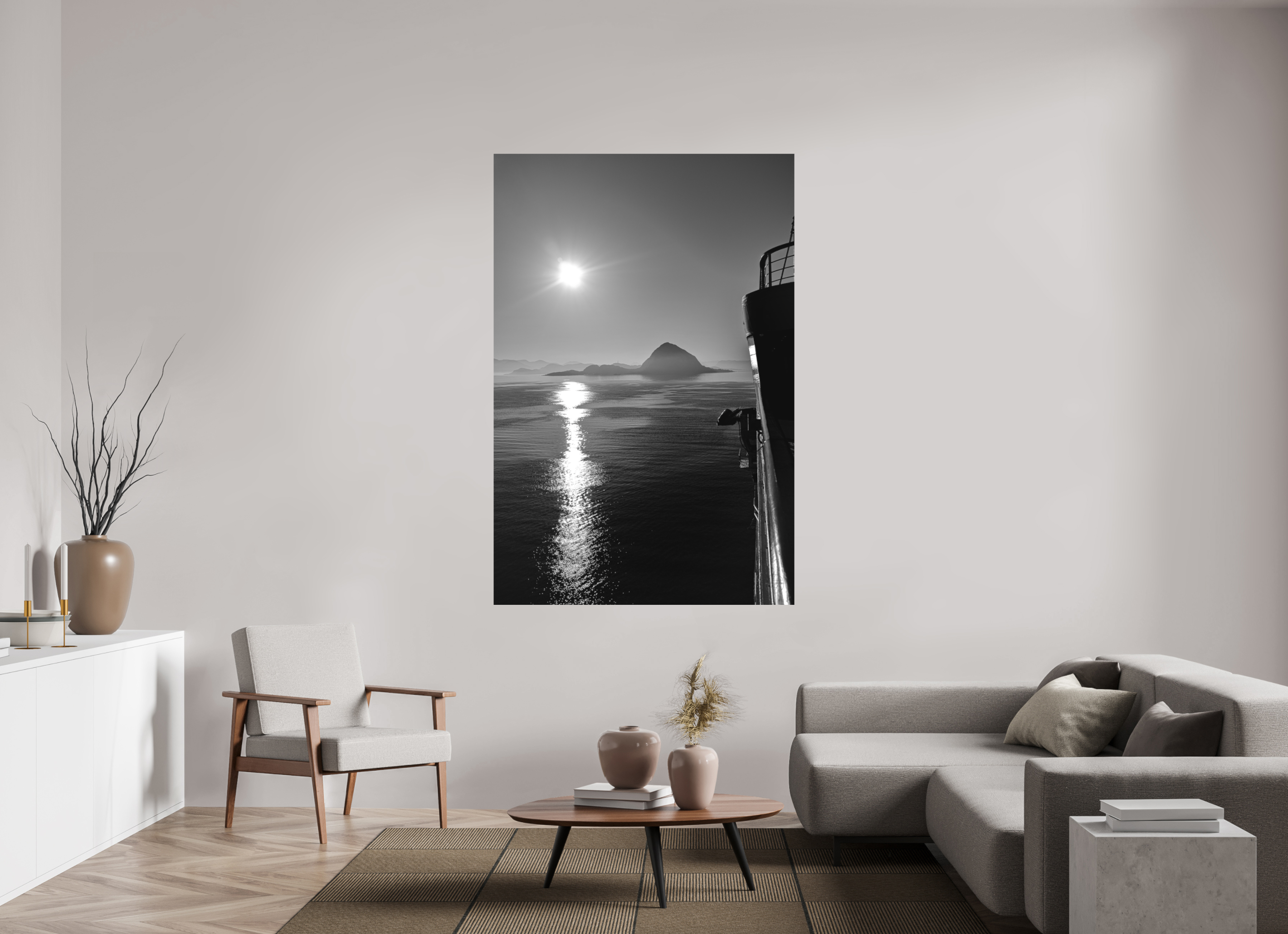 120 x 180 cm, Tirage N&B mat seul Soleil Noir | Poster Noir et Blanc Océan & Horizon Minimaliste