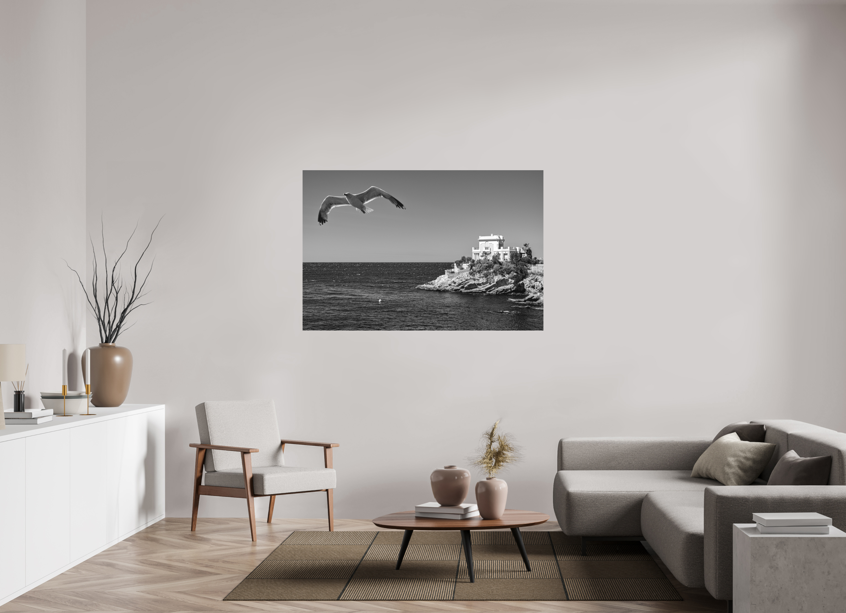 150 x 100 cm, Tirage N&B mat seul La maison, l'oiseau et la mer