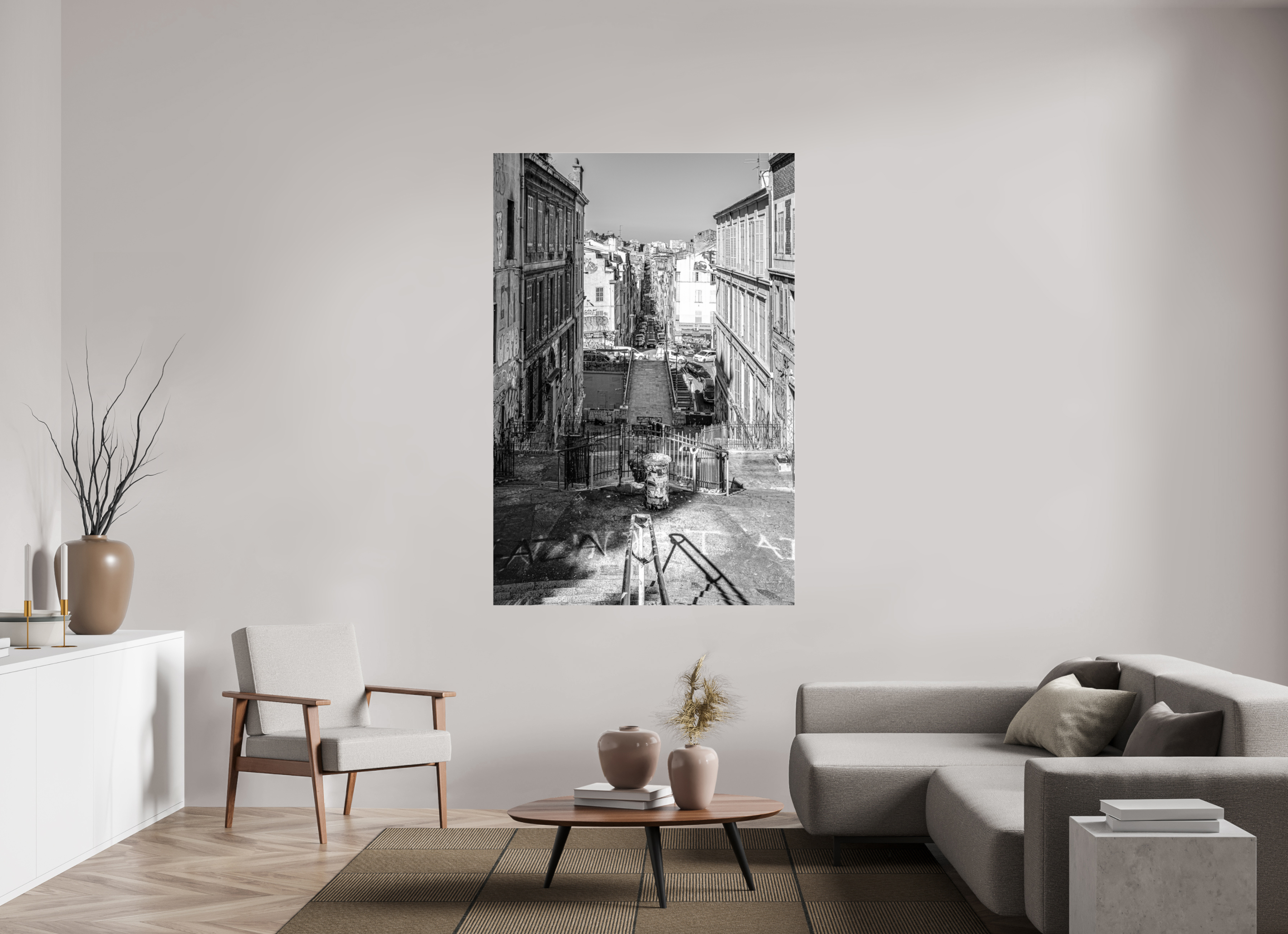 120 x 180 cm, Tirage N&B sous Plexi Affiche urbaine – Perspective Marseillaise