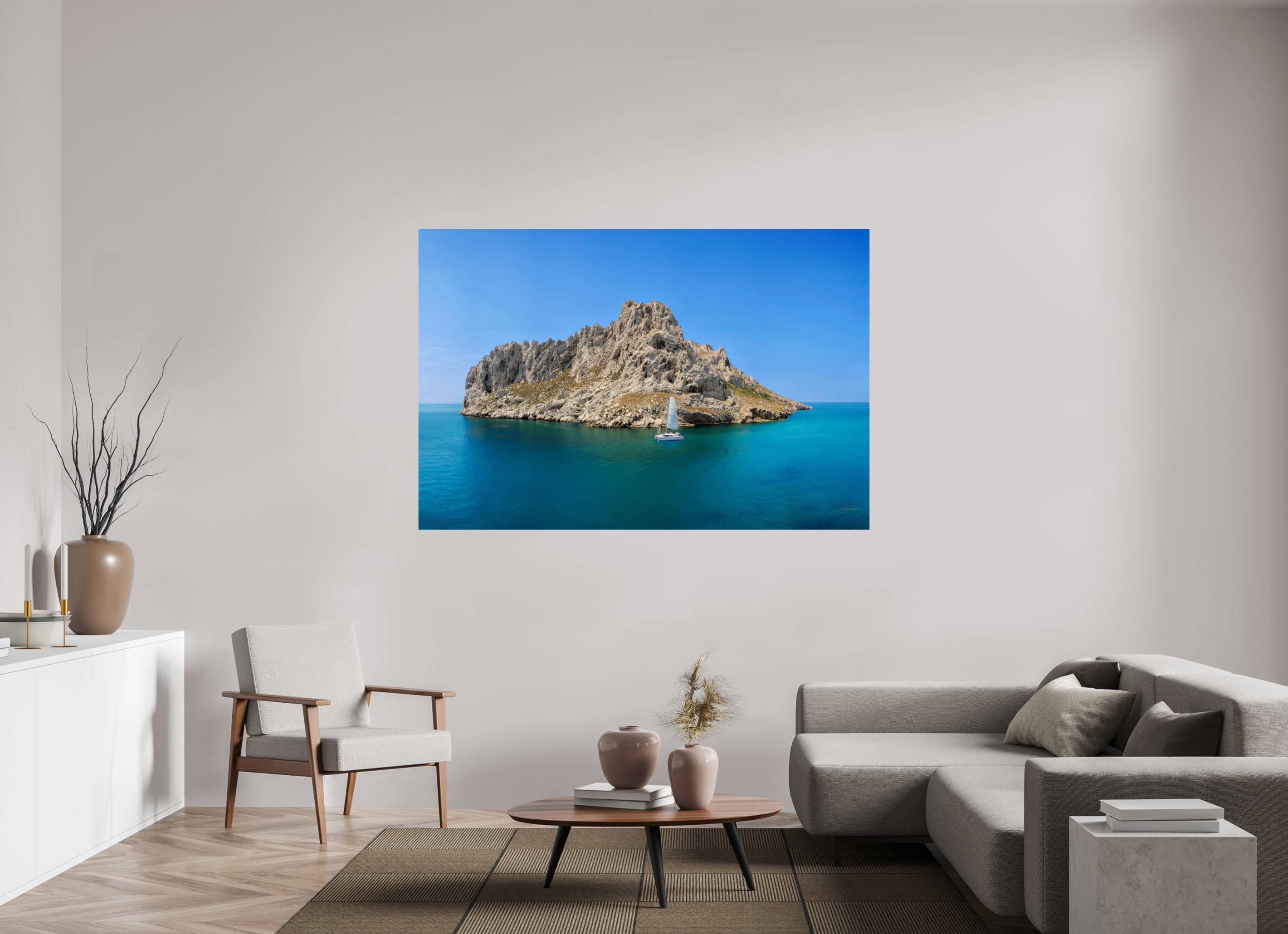 180 x 120 cm, Tirage couleur brillant seul Poster - Voilier au pied de l'îles Maïre à Marseille