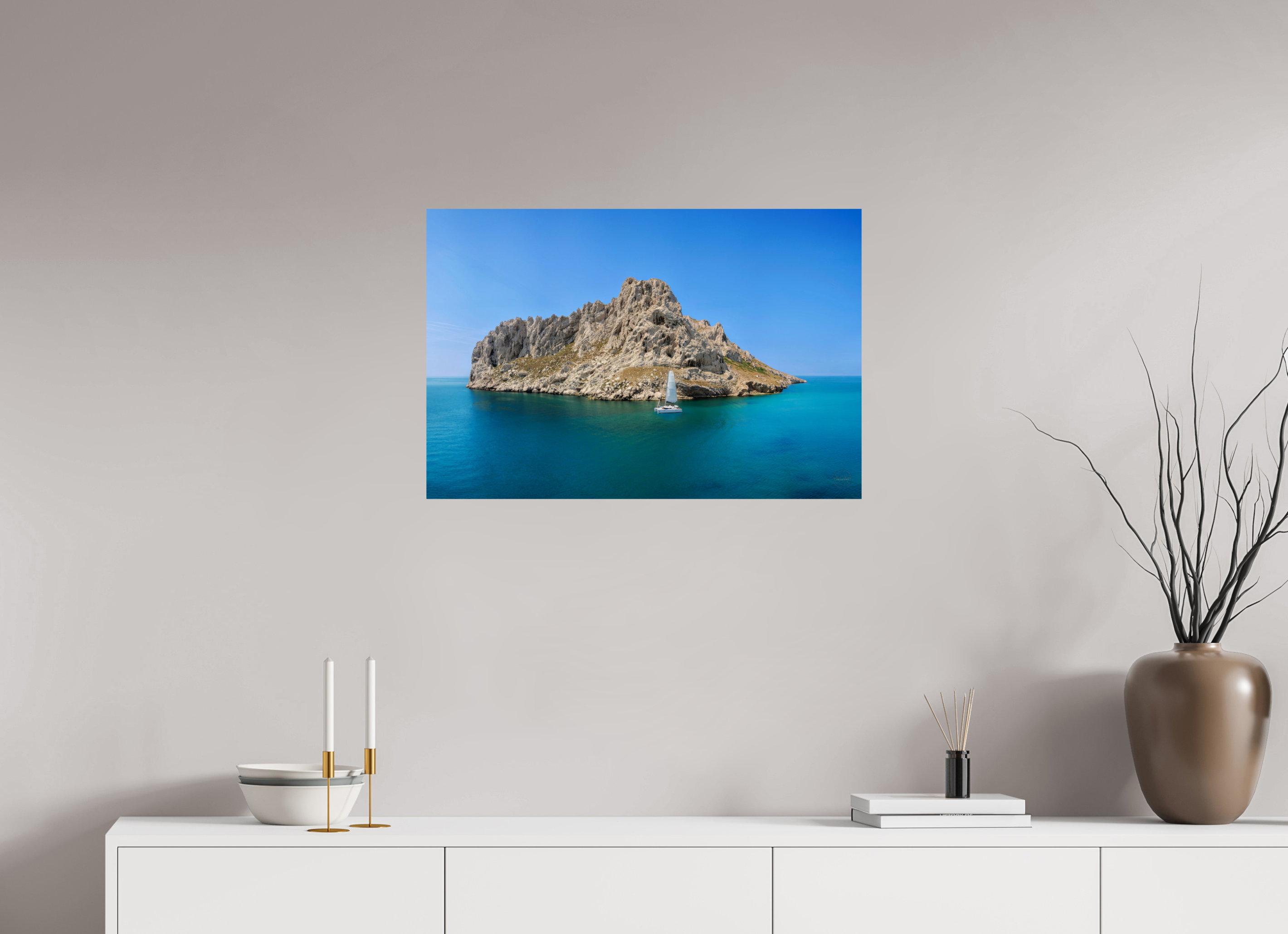 75 x 50 cm, Tirage couleur brillant seul Poster - Voilier au pied de l'îles Maïre à Marseille