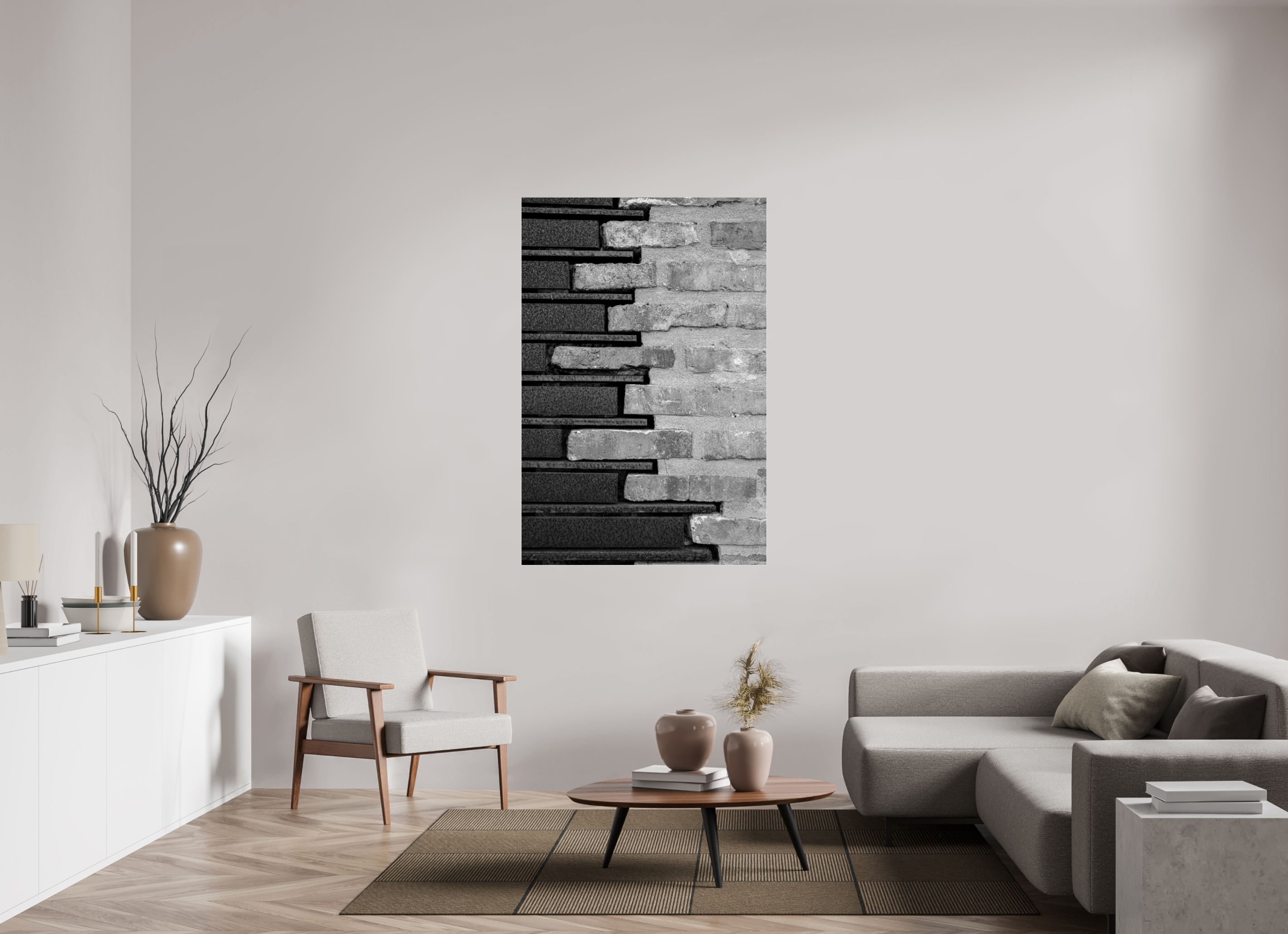 100 x 150 cm, Tirage N&B brillant sous Plexi Le mariage de la pierre et de l’acier