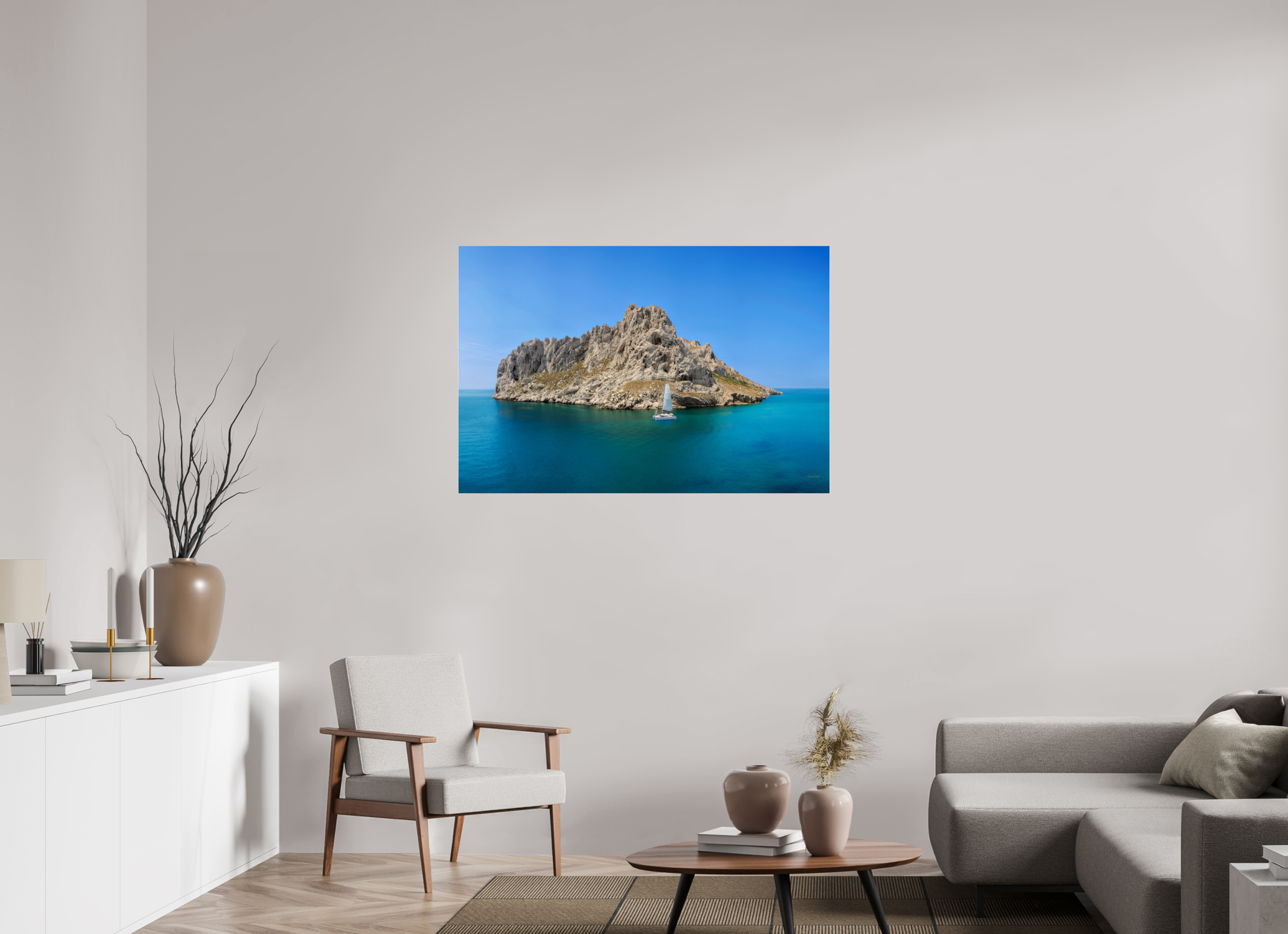 120 x 80 cm, Tirage couleur sous Plexi Poster - Voilier au pied de l'îles Maïre à Marseille