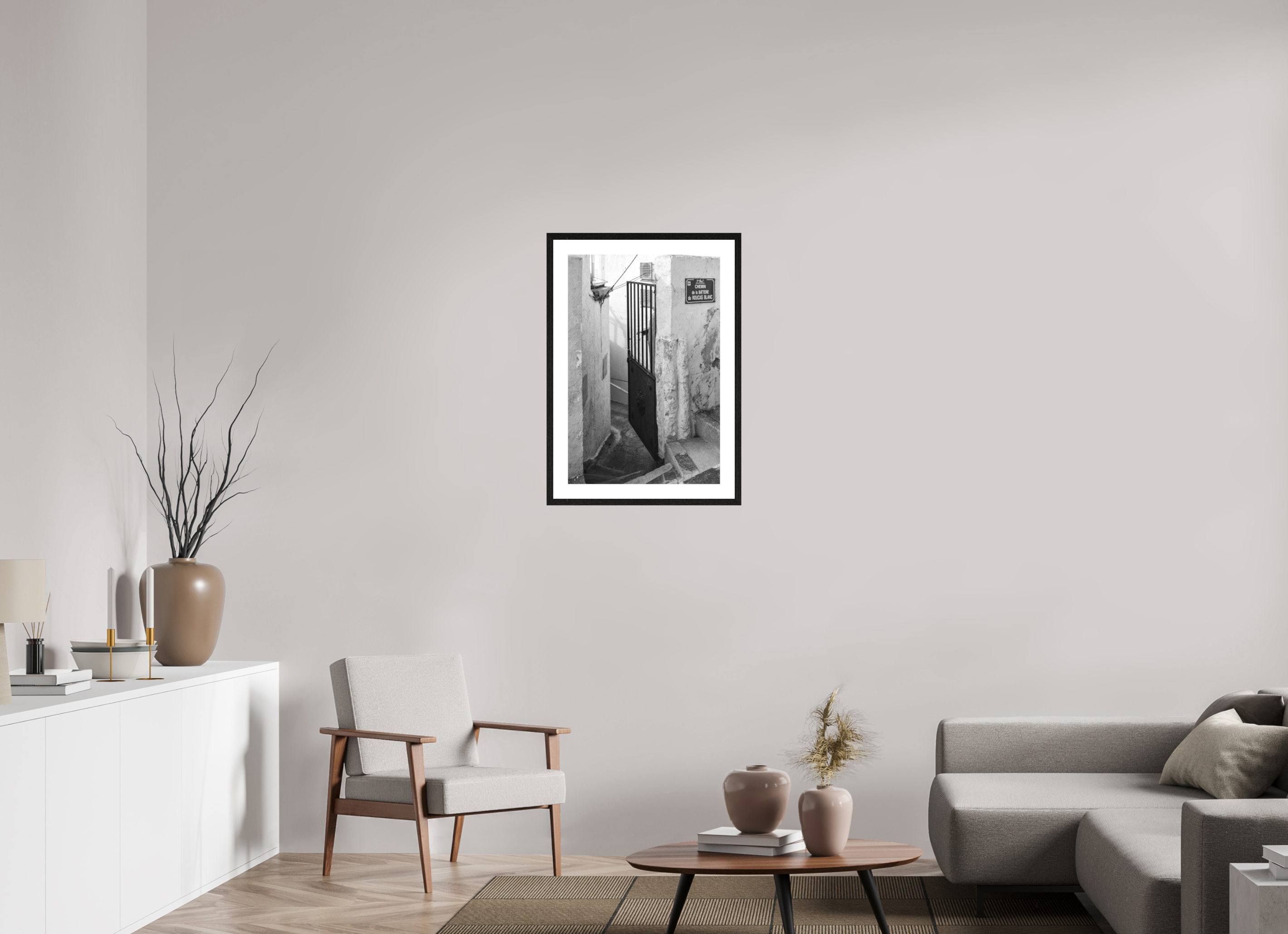 50 x 75 cm, Tirage N&B mat + Cadre noir avec passe-partout Perspective urbaine - Passage Secret