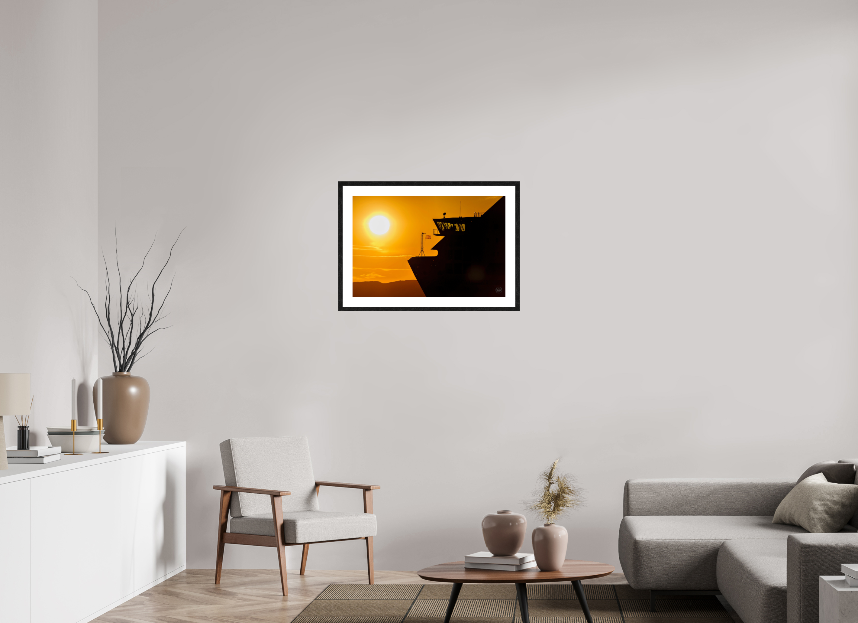 75 x 50 cm, Tirage couleur brillant + Cadre noir avec passe-partout Poster silhouette de ferry au coucher du soleil – Lumière dorée sur la mer