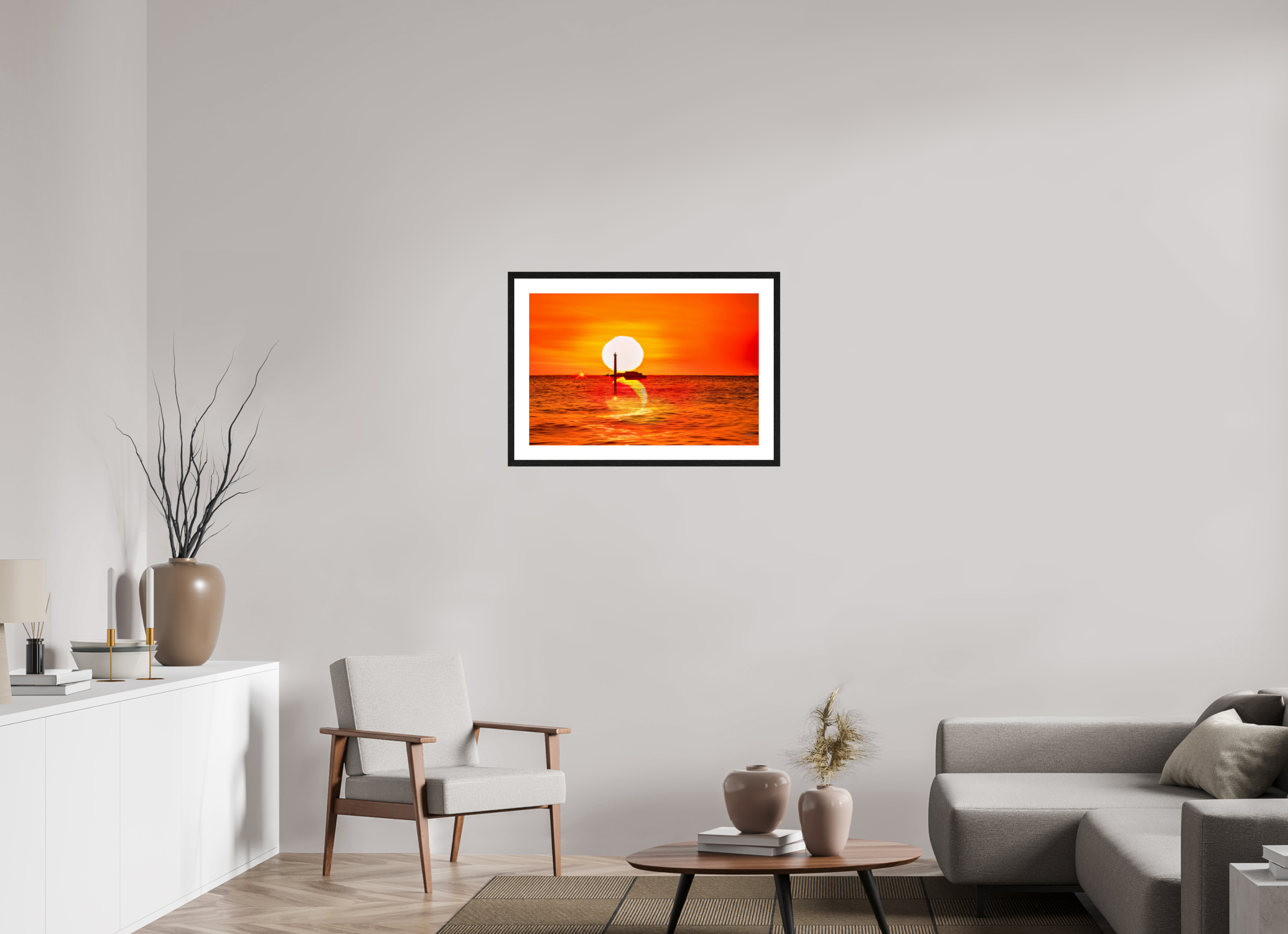 75 x 50 cm, Tirage couleur brillant + Cadre noir avec passe-partout Poster artistique – Quand le Soleil se couche avec la Lune