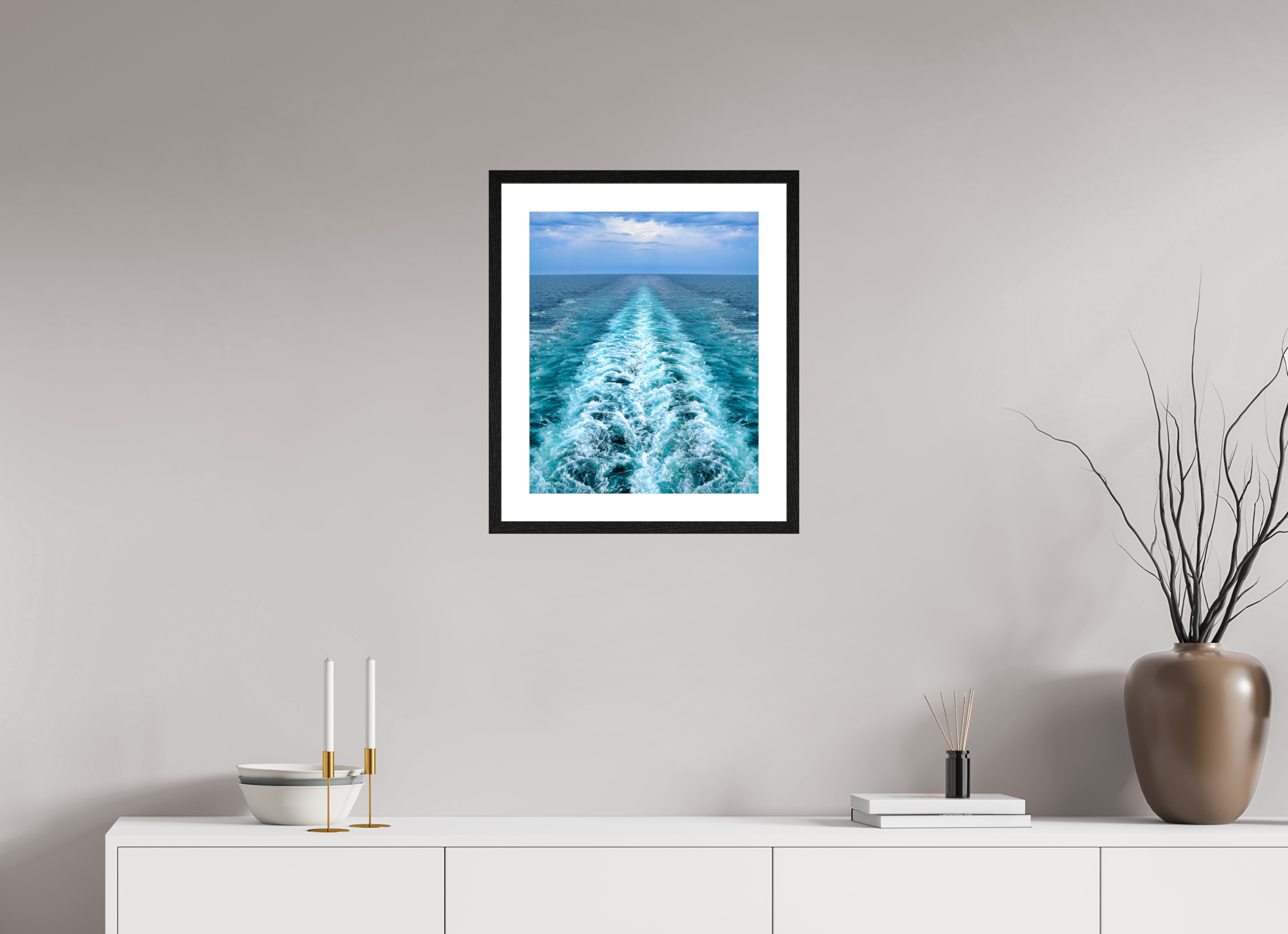 40 x 49 cm, Tirage couleur brillant + Cadre noir avec passe-partout Ligne d'Écume | Poster Océan Contemporain & Horizon Infini