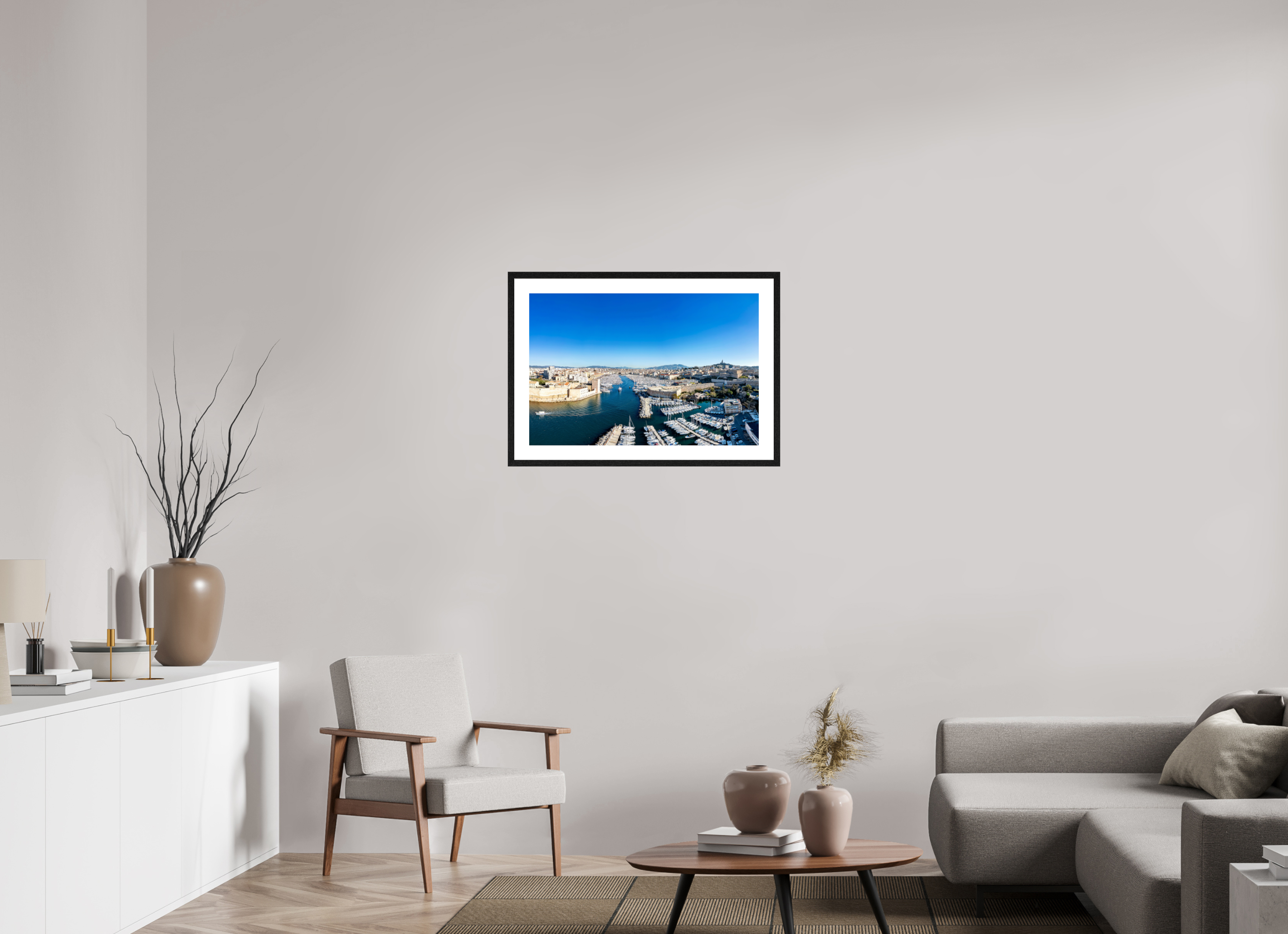 75 x 50 cm, Tirage couleur brillant + cadre noir avec passe-partout Poster de Marseille - Entre ciel et mer
