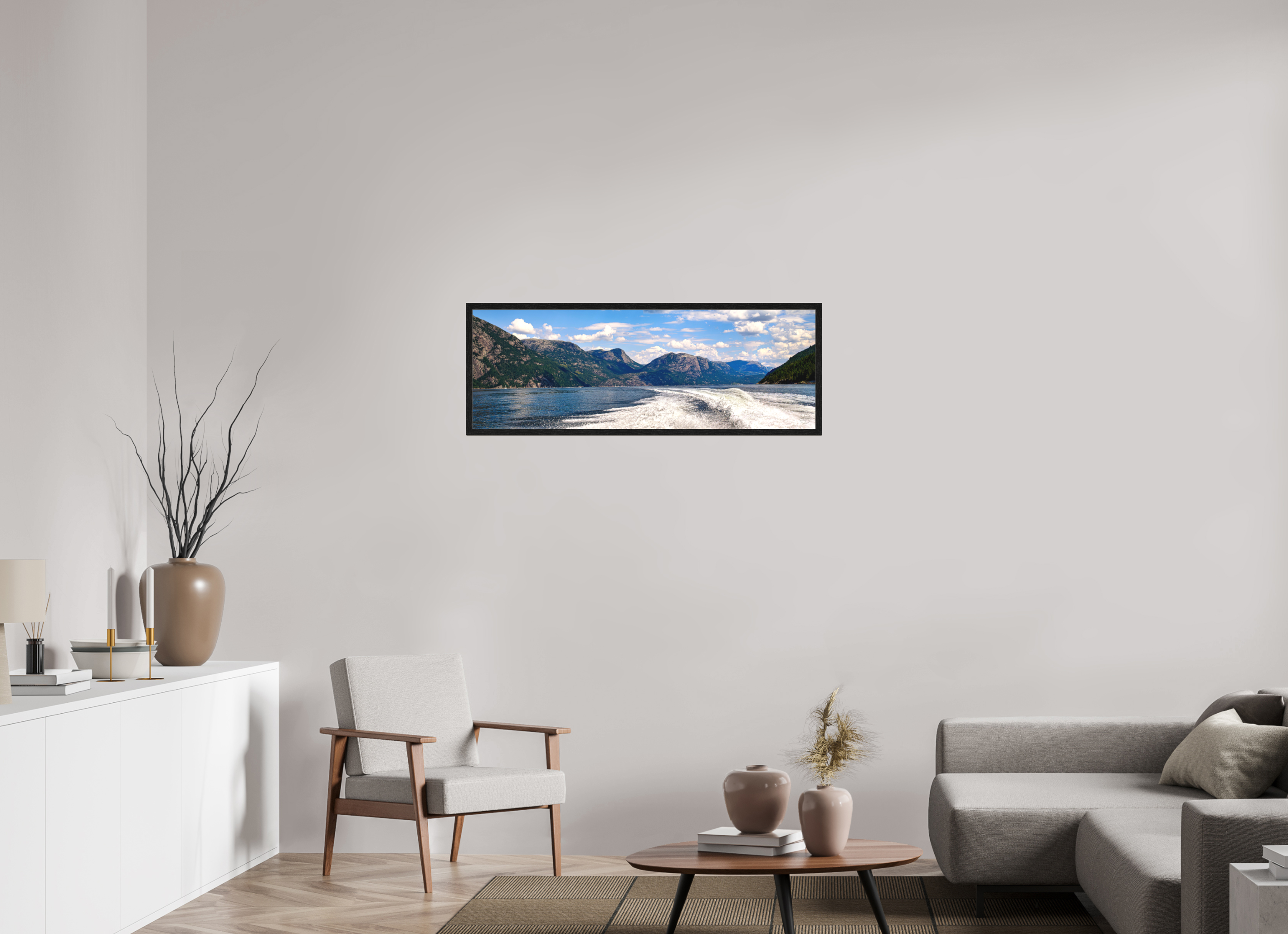 112 x 40 cm, Tirage grand format encadré Sillage des Fjords | Poster Panoramique Nature & Voyage