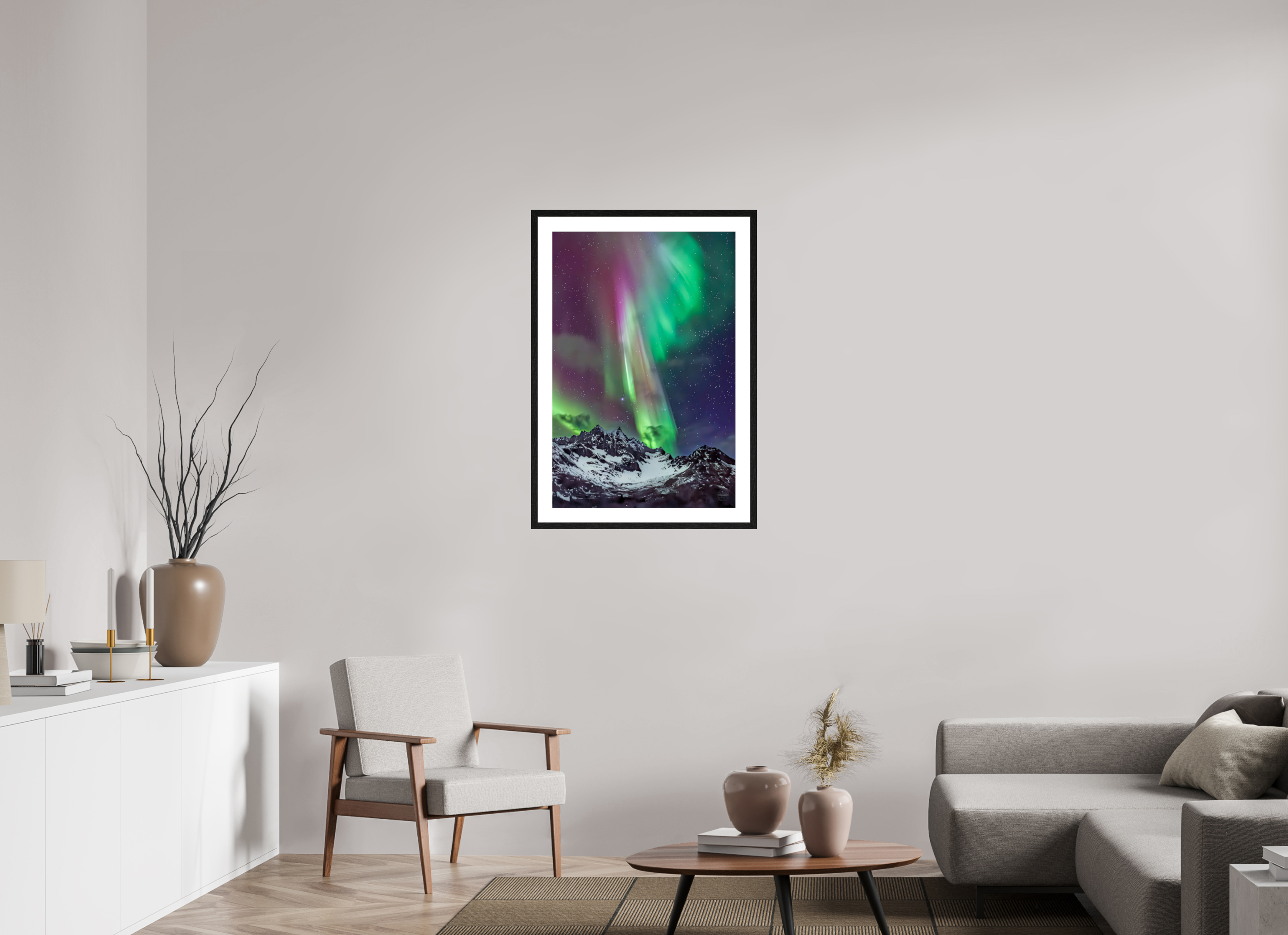 60 x 90 cm, Tirage couleur brillant + Cadre noir avec passe-partout Danse Boréale