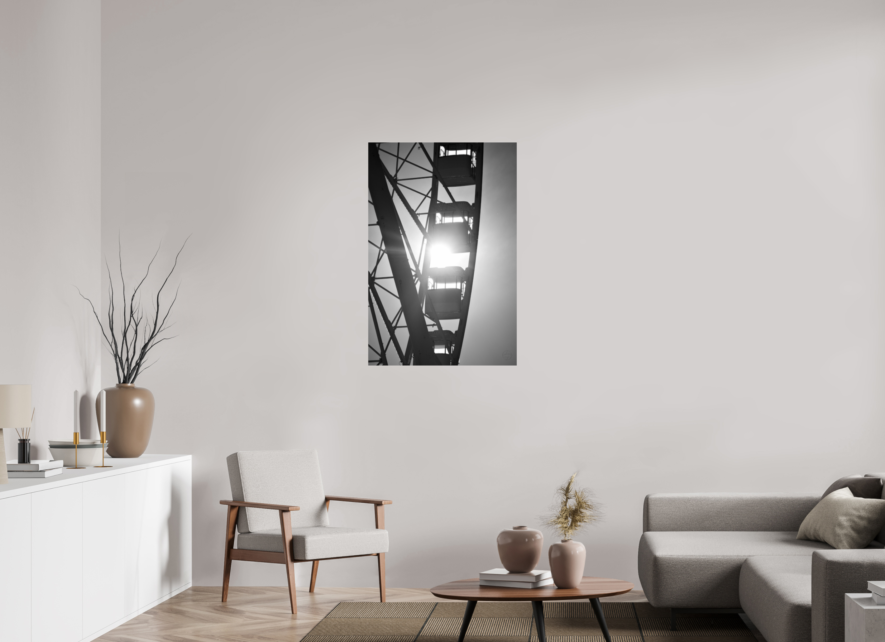 70 x 105 cm, Tirage N&B sous Plexi Affiche noir et blanc – Roue suspendue dans la lumière
