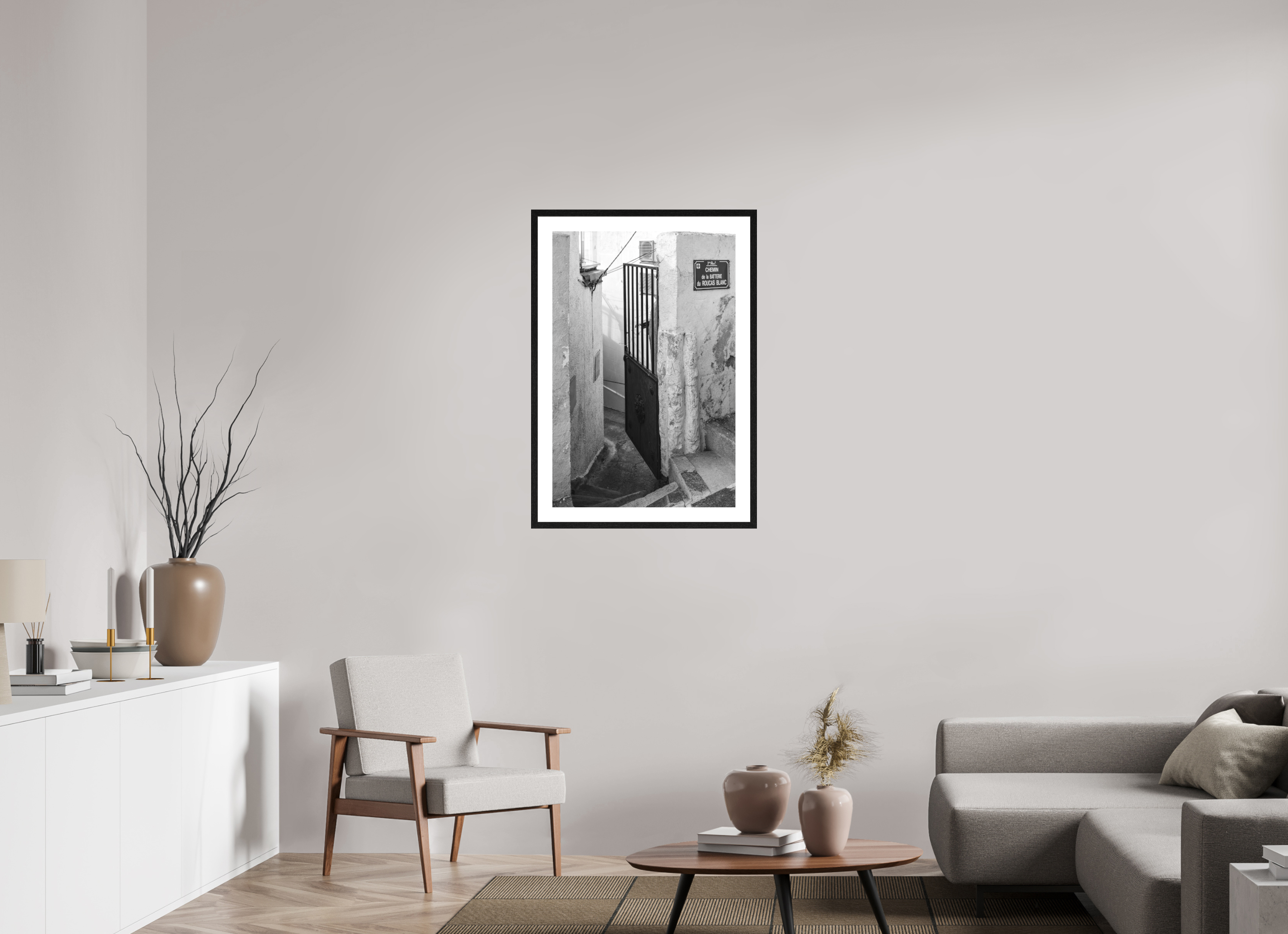 60 x 90 cm, Tirage N&B mat + Cadre noir avec passe-partout Perspective urbaine - Passage Secret