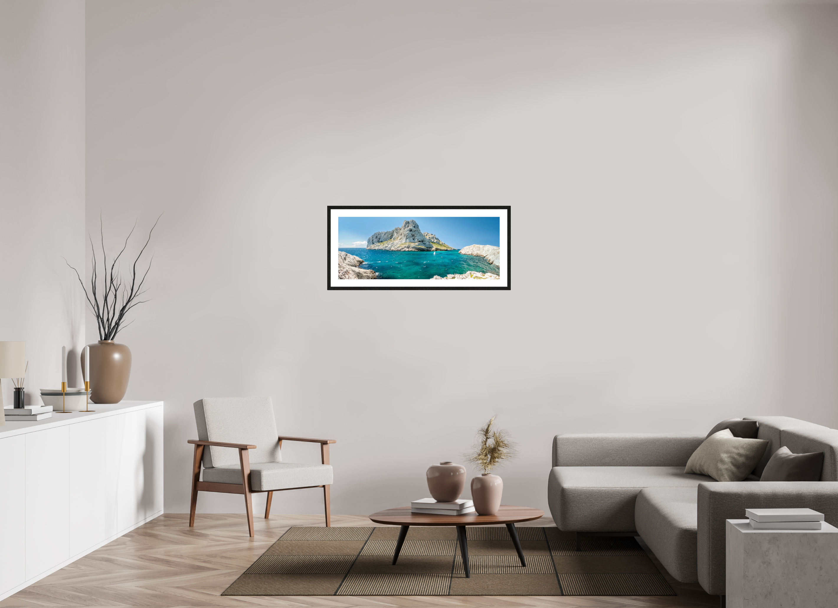 102 x 40 cm, Tirage couleur brillant + Cadre noir avec passe-partout Émeraude des Calanques
